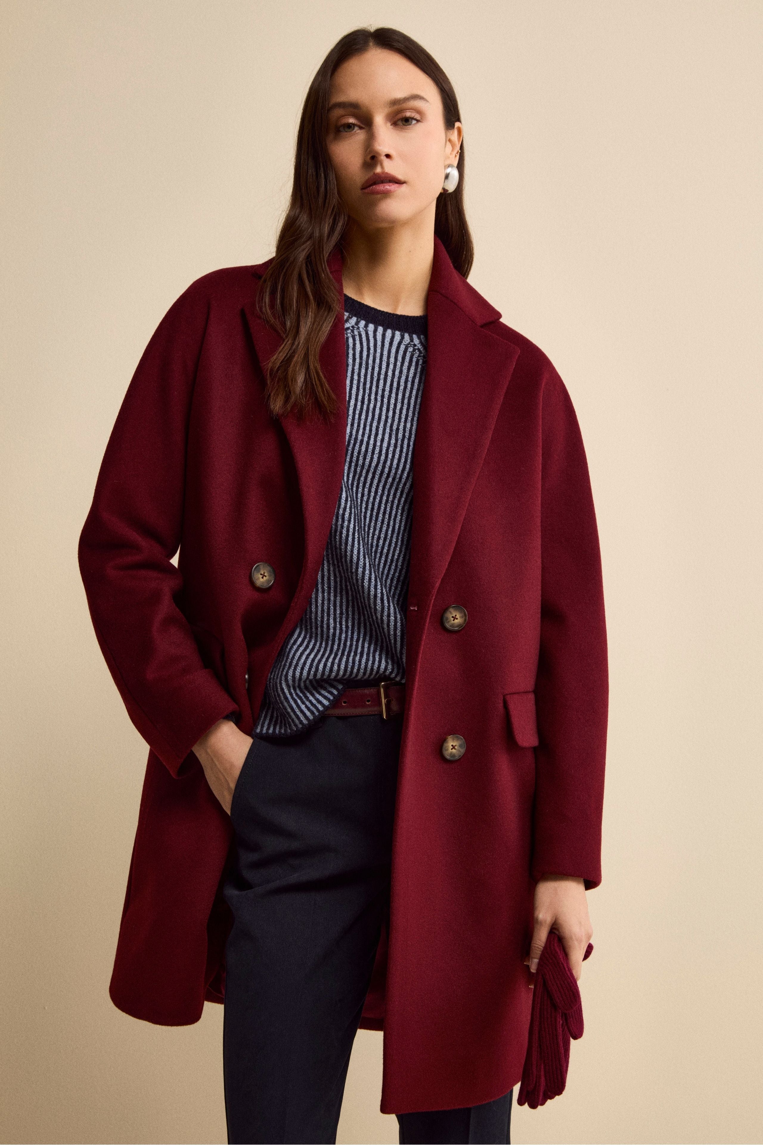 Cappotto Midi Doppiopetto in Misto Lana e Cashmere - BORDEAUX