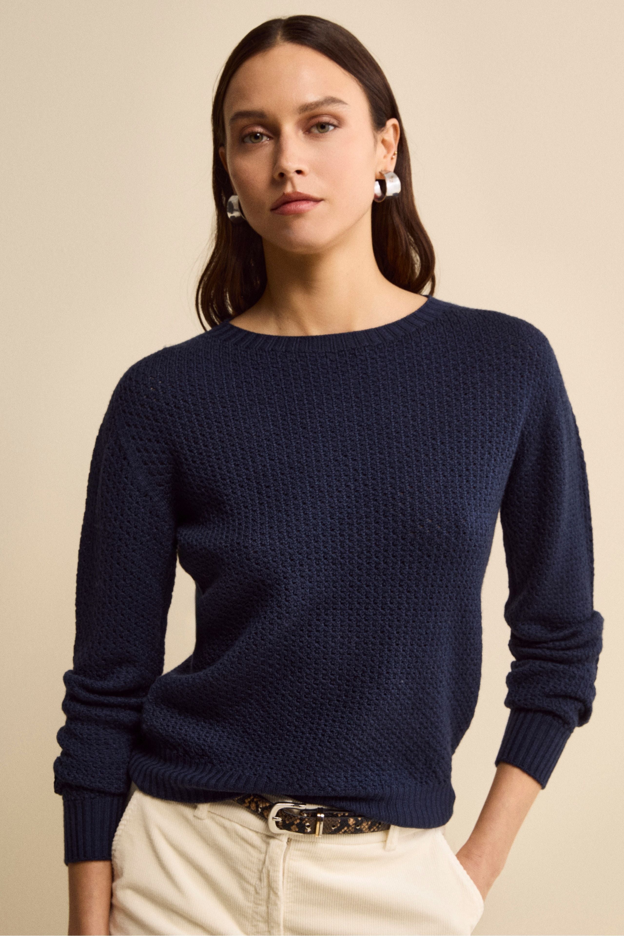 Maglia Girocollo Traforata in Lana Merino - NAVY