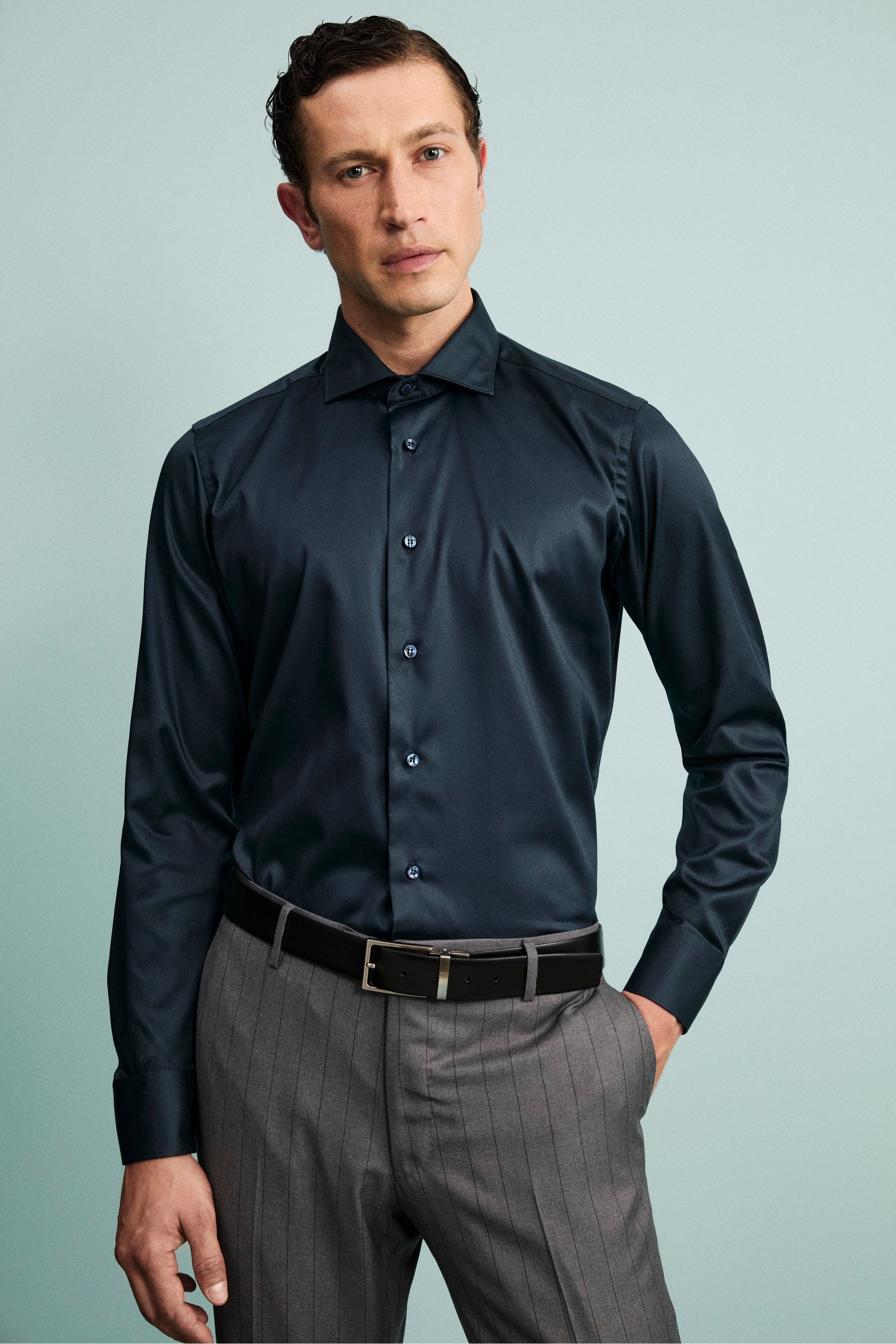 Camicia slim no stiro blu Il Lanificio - Main Image