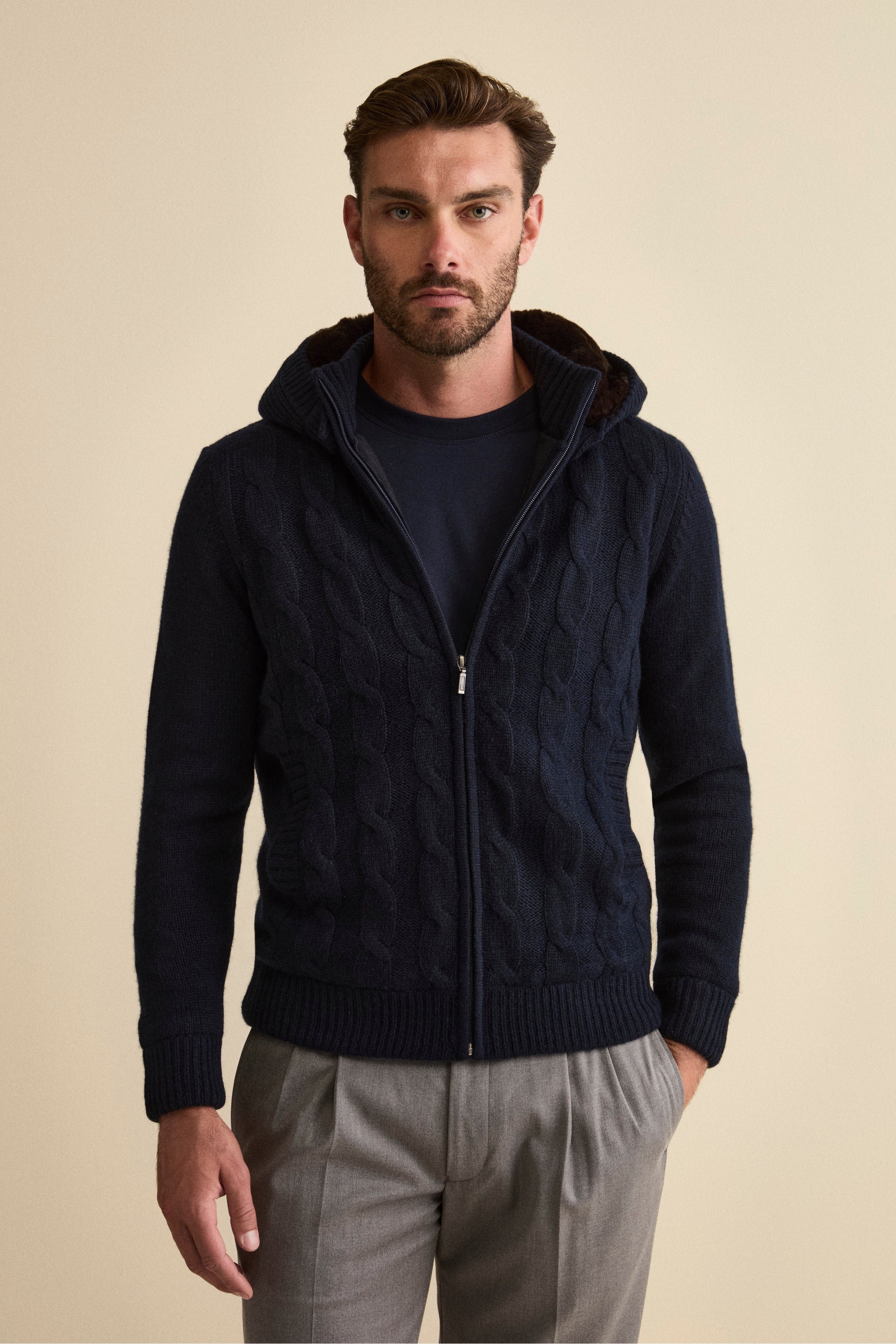 Bomber in Cashmere con Cappuccio e Pelliccia - BLU