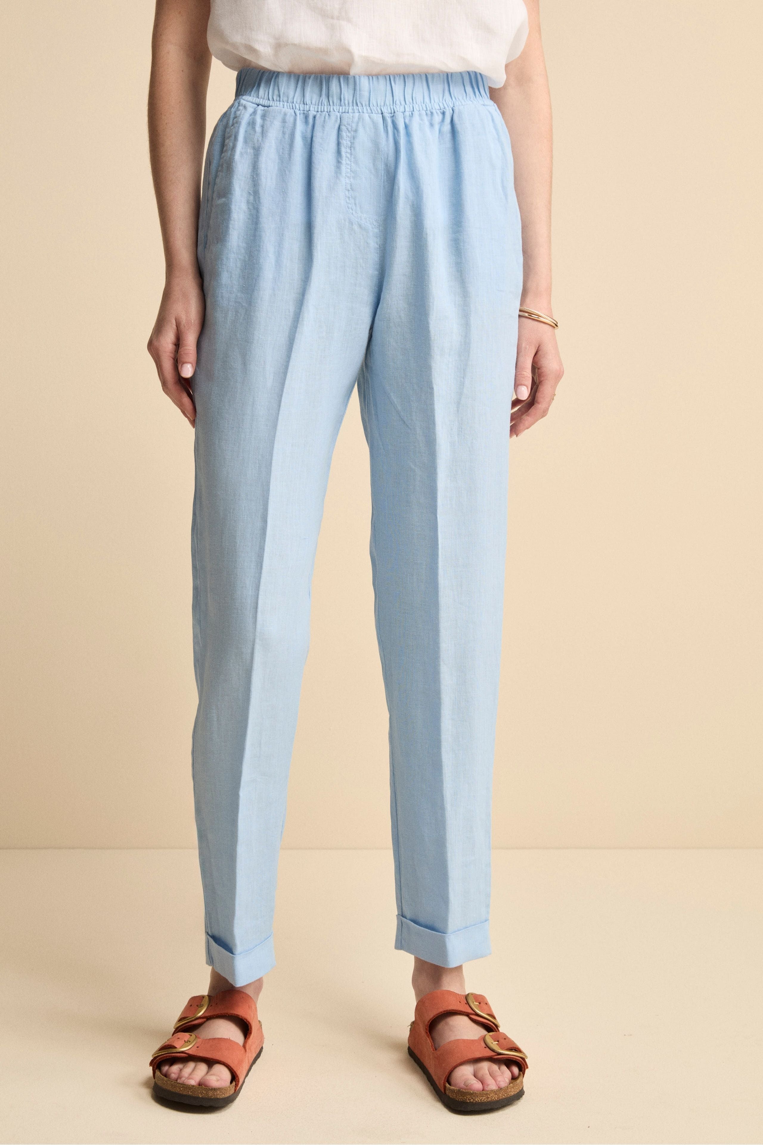 Pantalone Morbido in Lino con Risvolto AZZURRO - Main Image