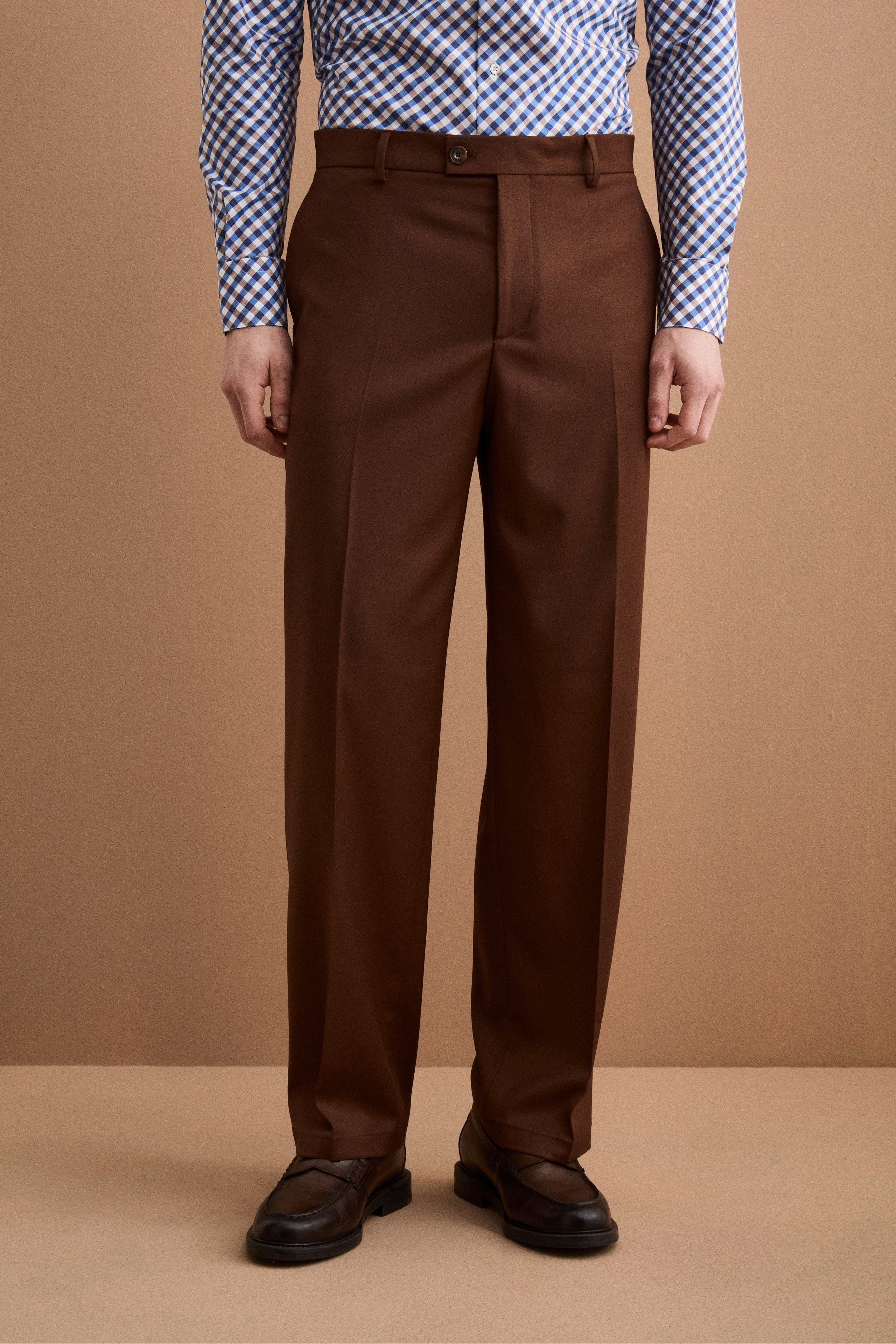 Pantalone Gamba Larga in Misto Lana con Piega - BRUCIATO