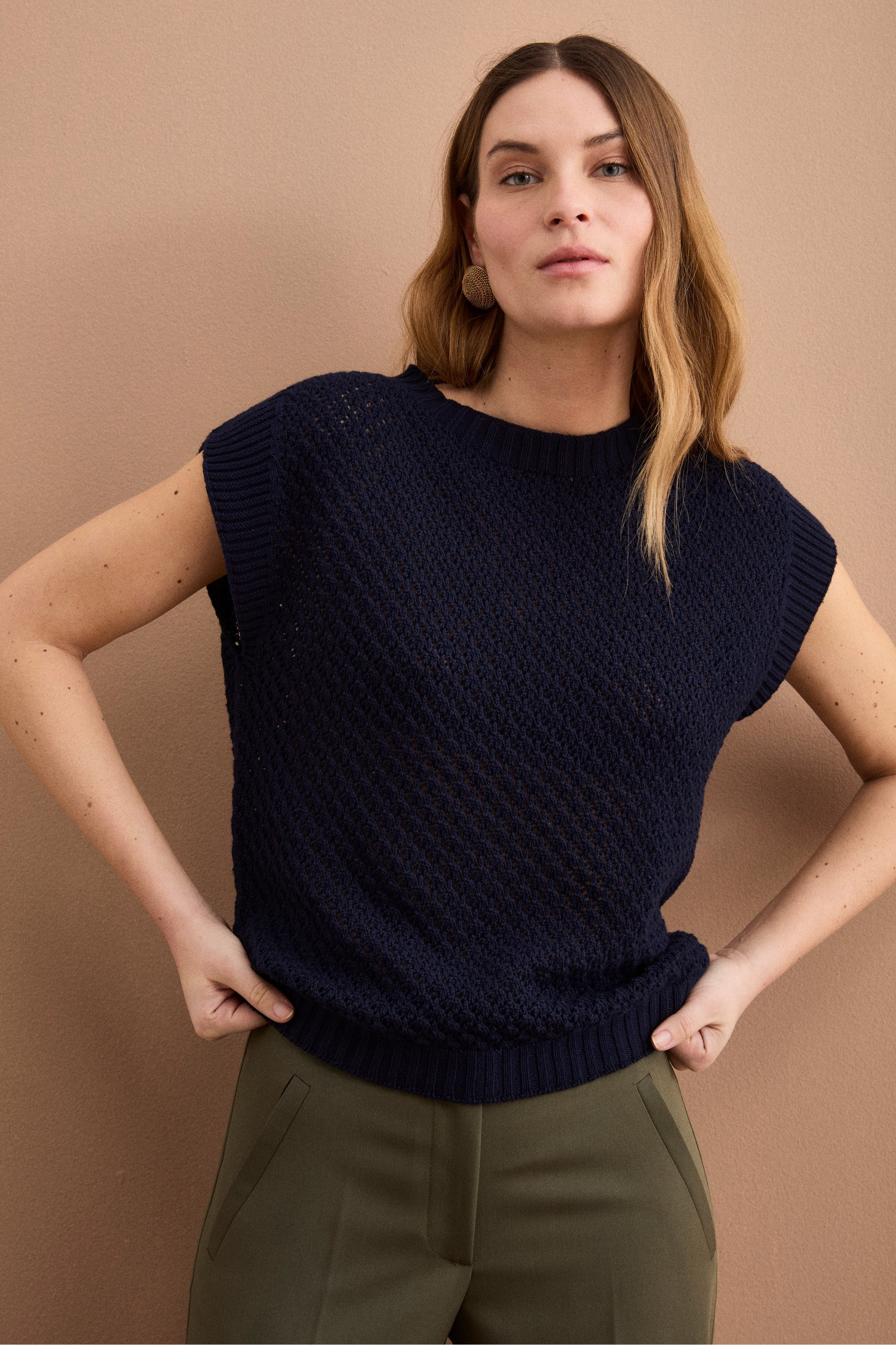 Gilet Over Traforato con Scollo Barchetta - NAVY