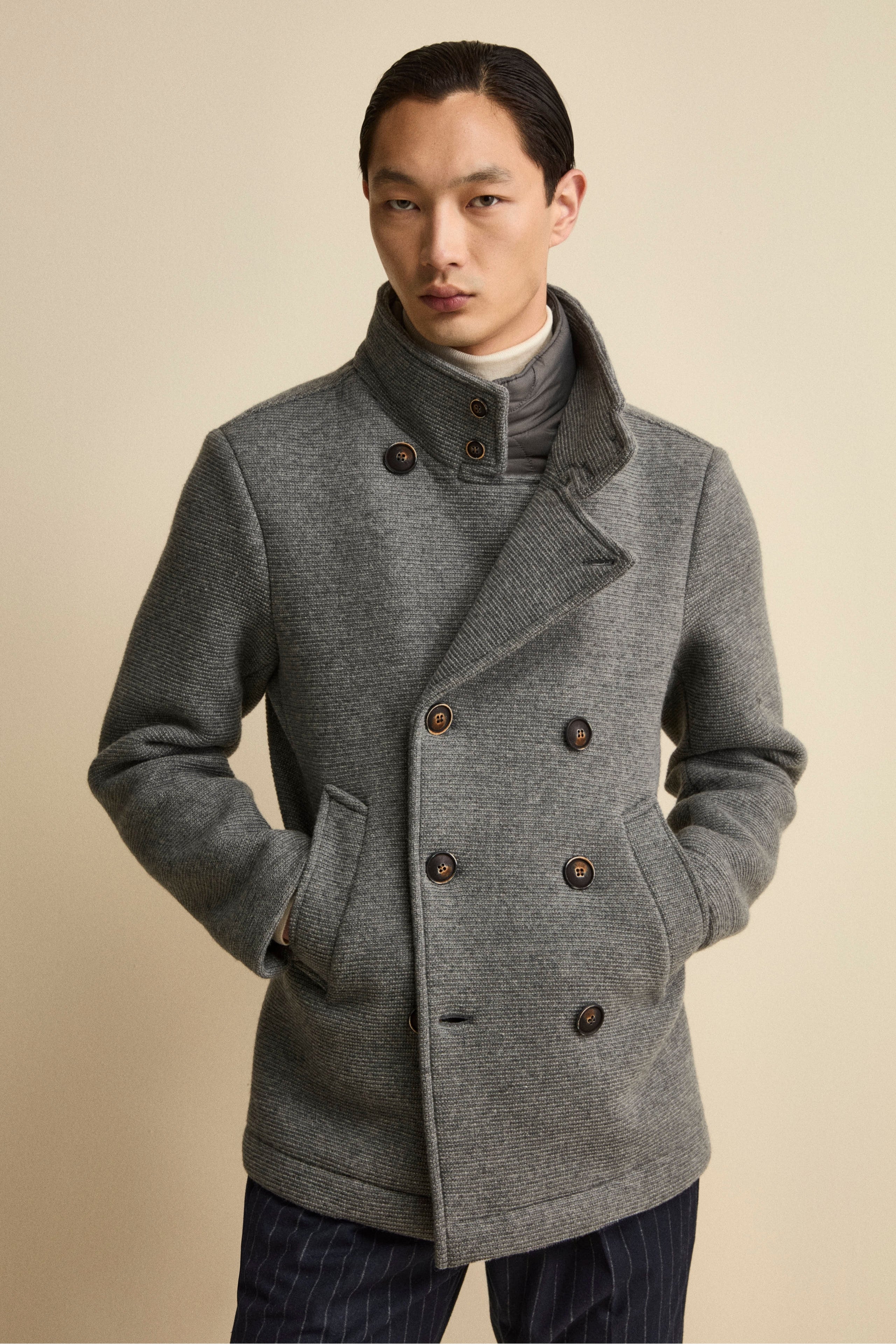 Peacoat Doppiopetto in Misto Lana con Pettorina - GRIGIO MELANGE