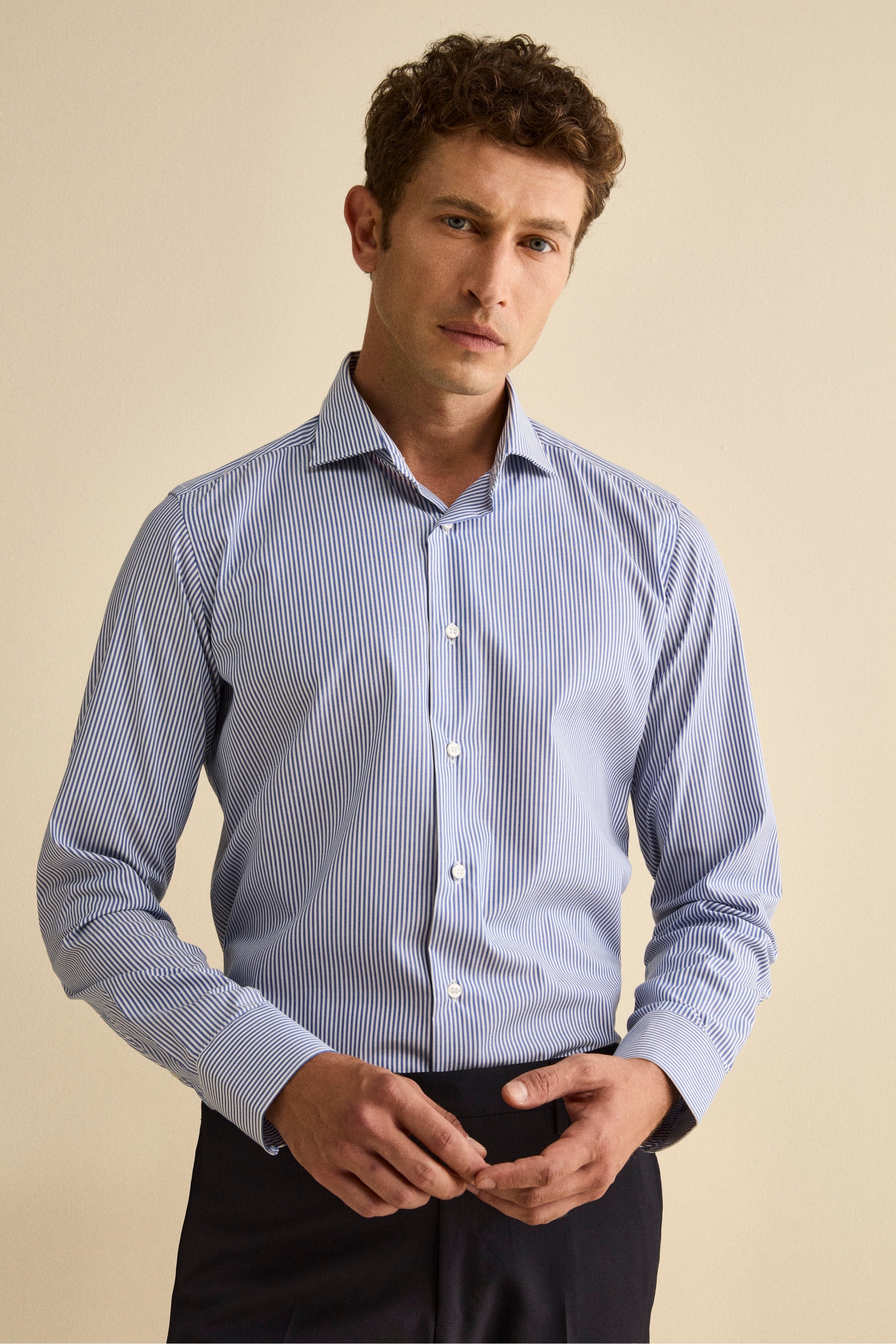 Camicia Slim Fit No Iron in Cotone - BLU RIGATO