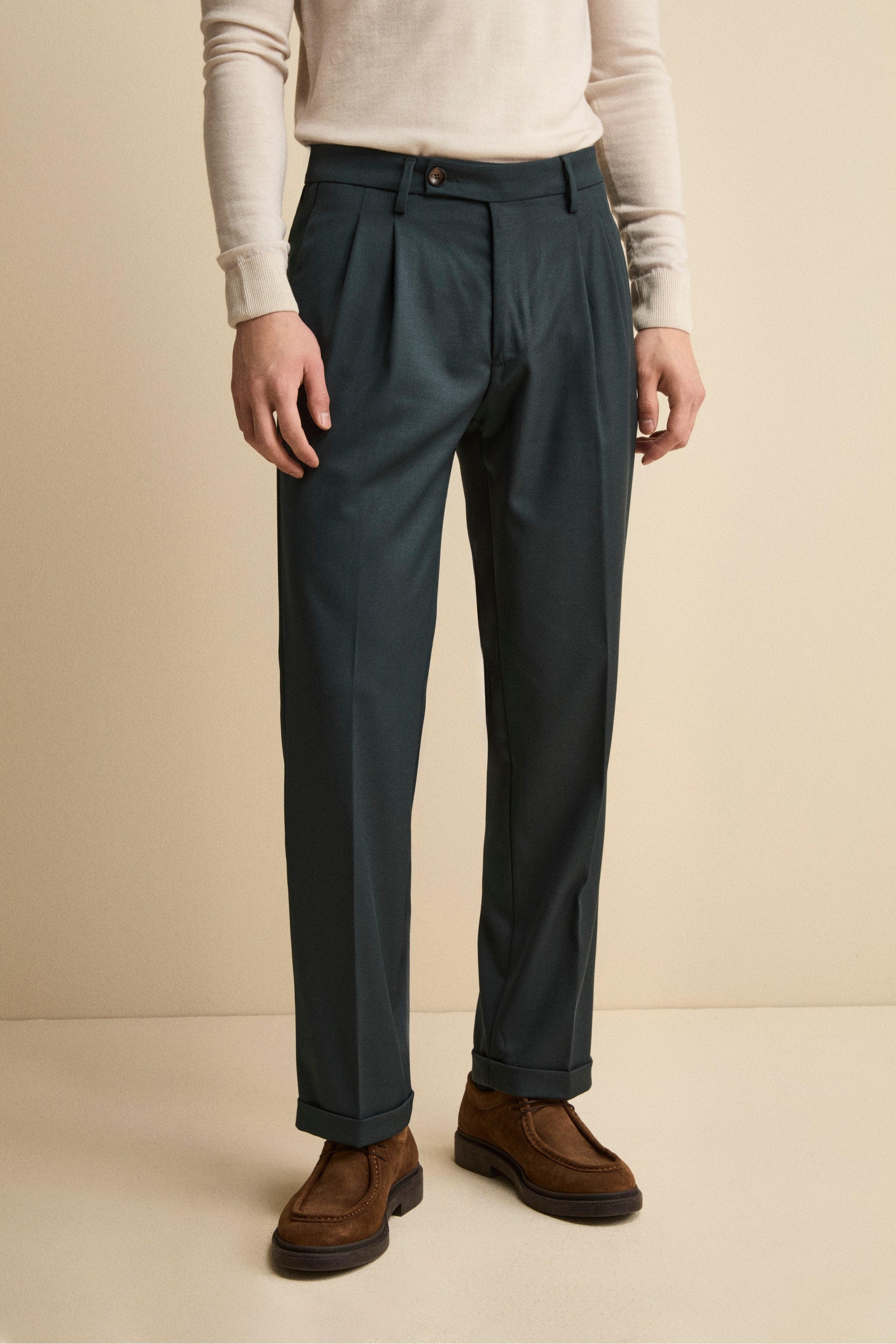 Pantalone Straight in Misto Lana con Pinces e Risvolto - VERDE SCURO