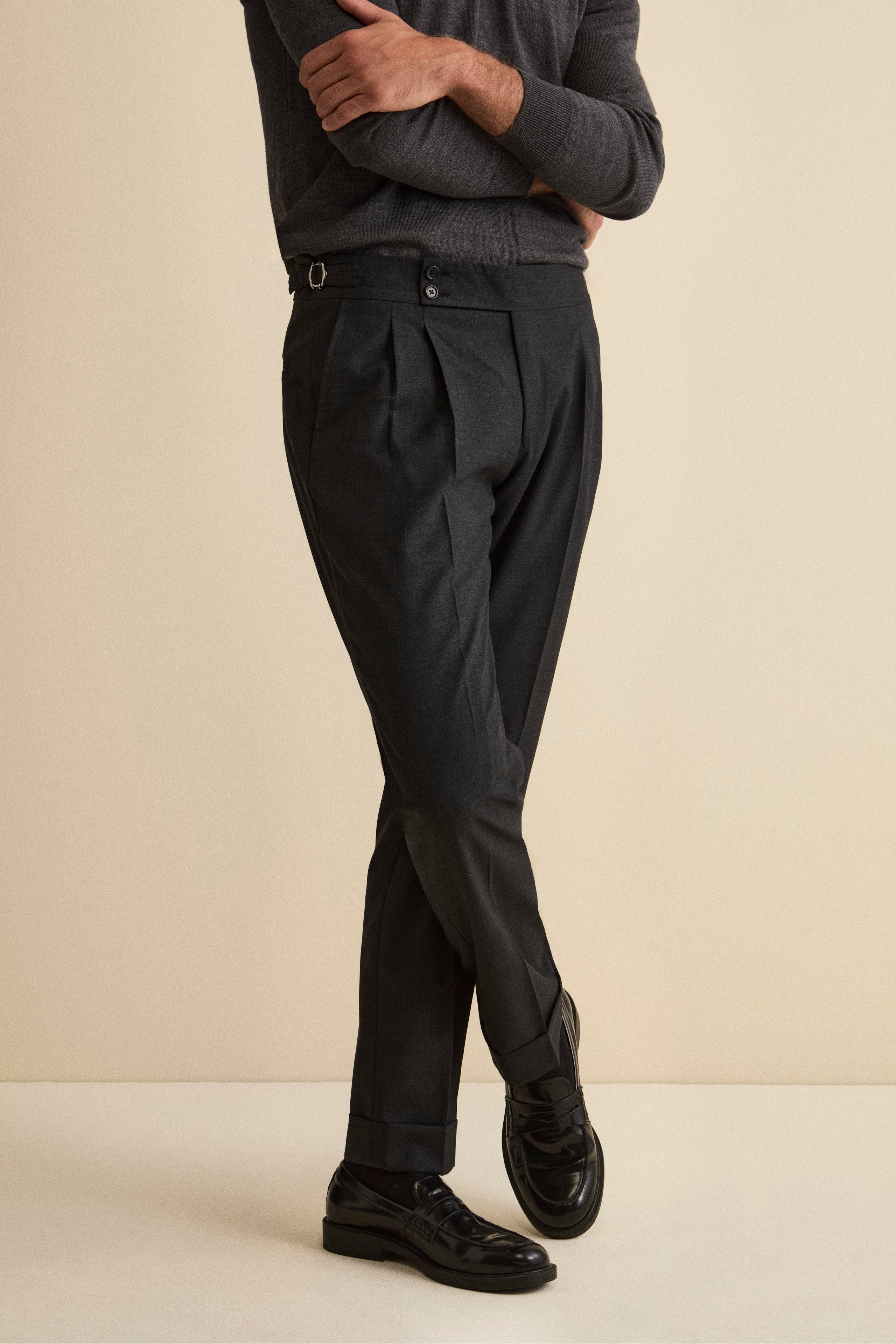 Pantalone Straight in Lana Vergine con Risvolto - ANTRACITE