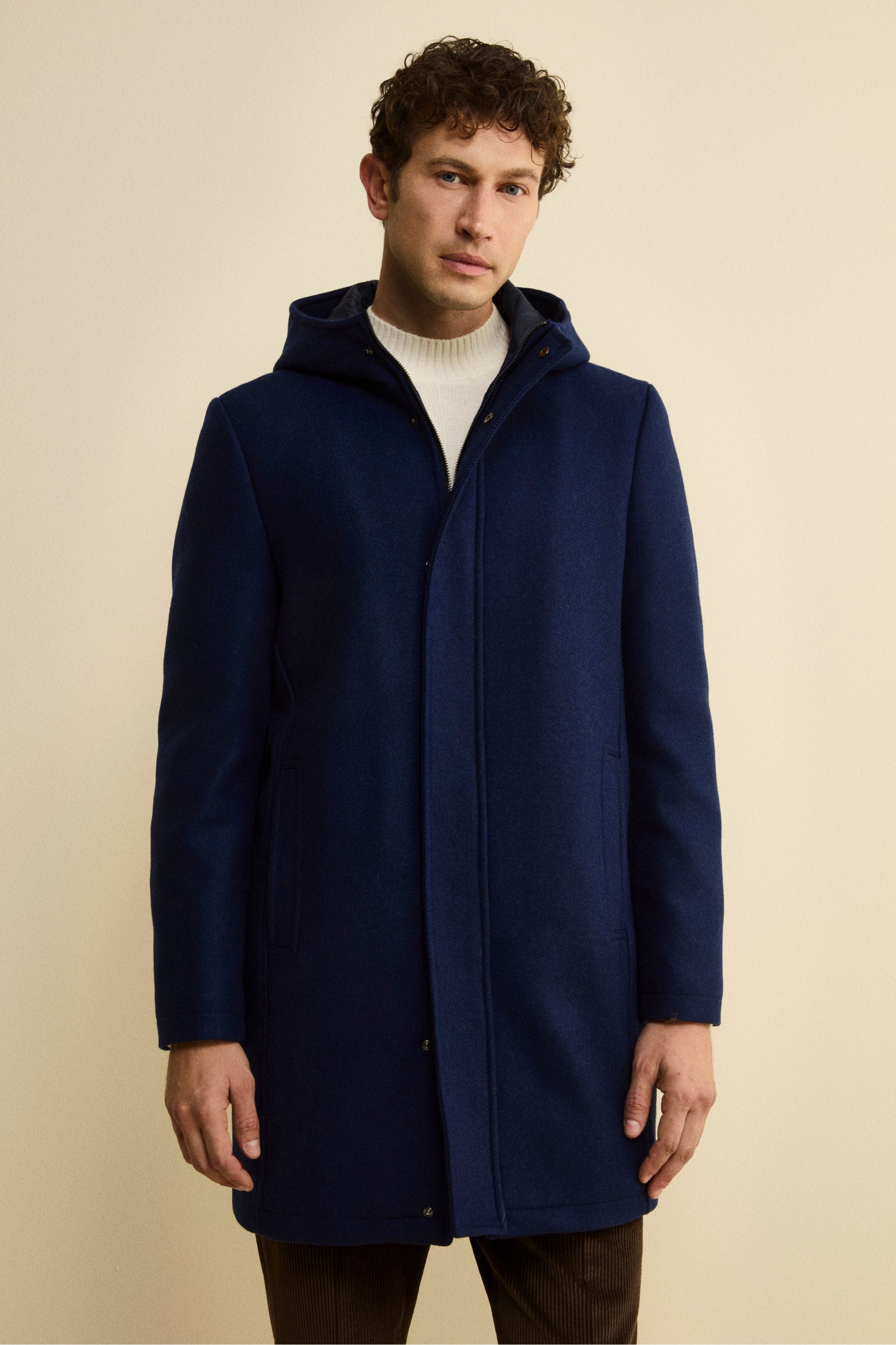 Cappotto Twill in Misto Lana con Zip e Cappuccio - BLU