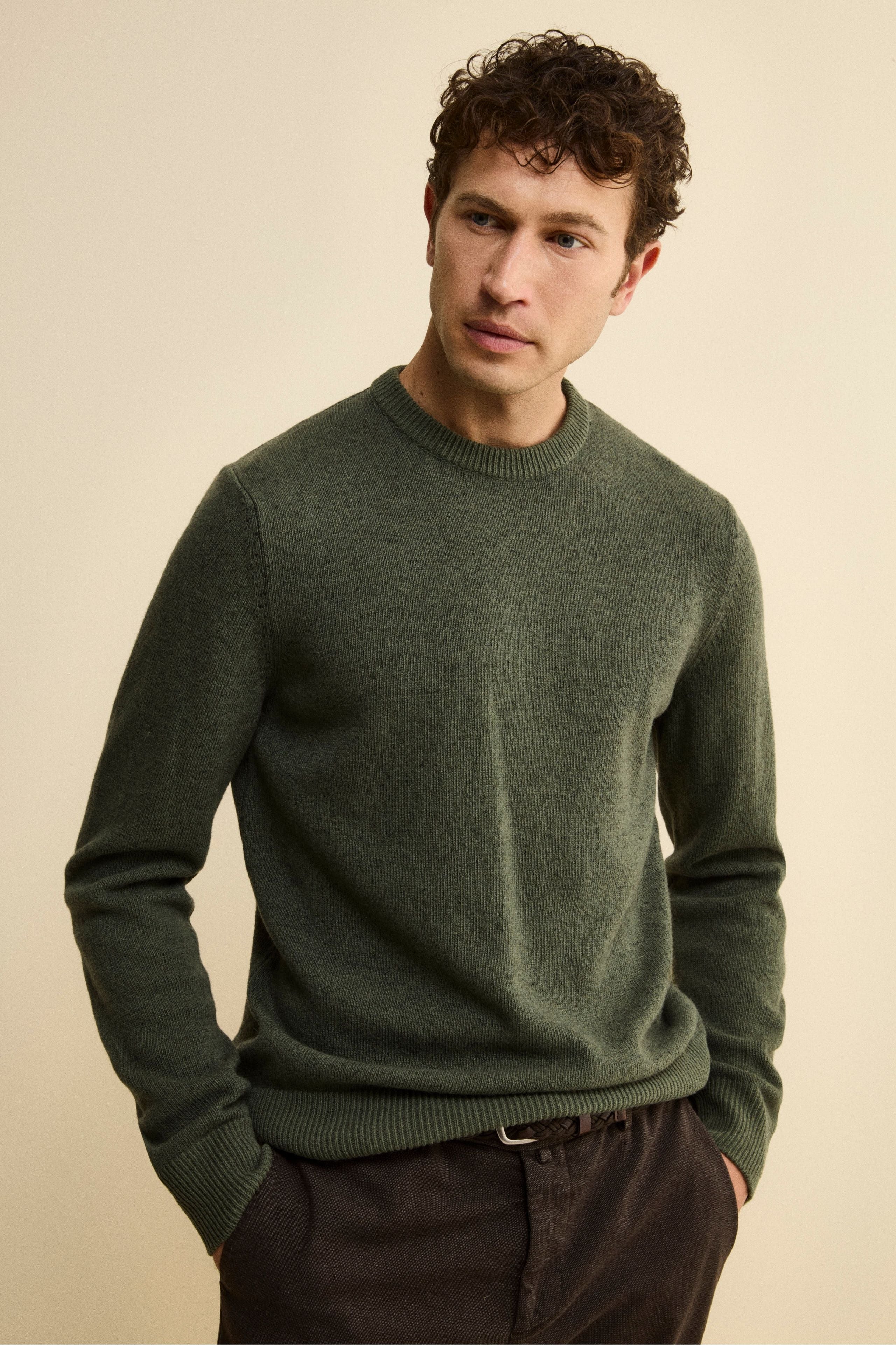 Maglia Girocollo Mouliné in Lana Merino Extrafine - VERDE MILITARE
