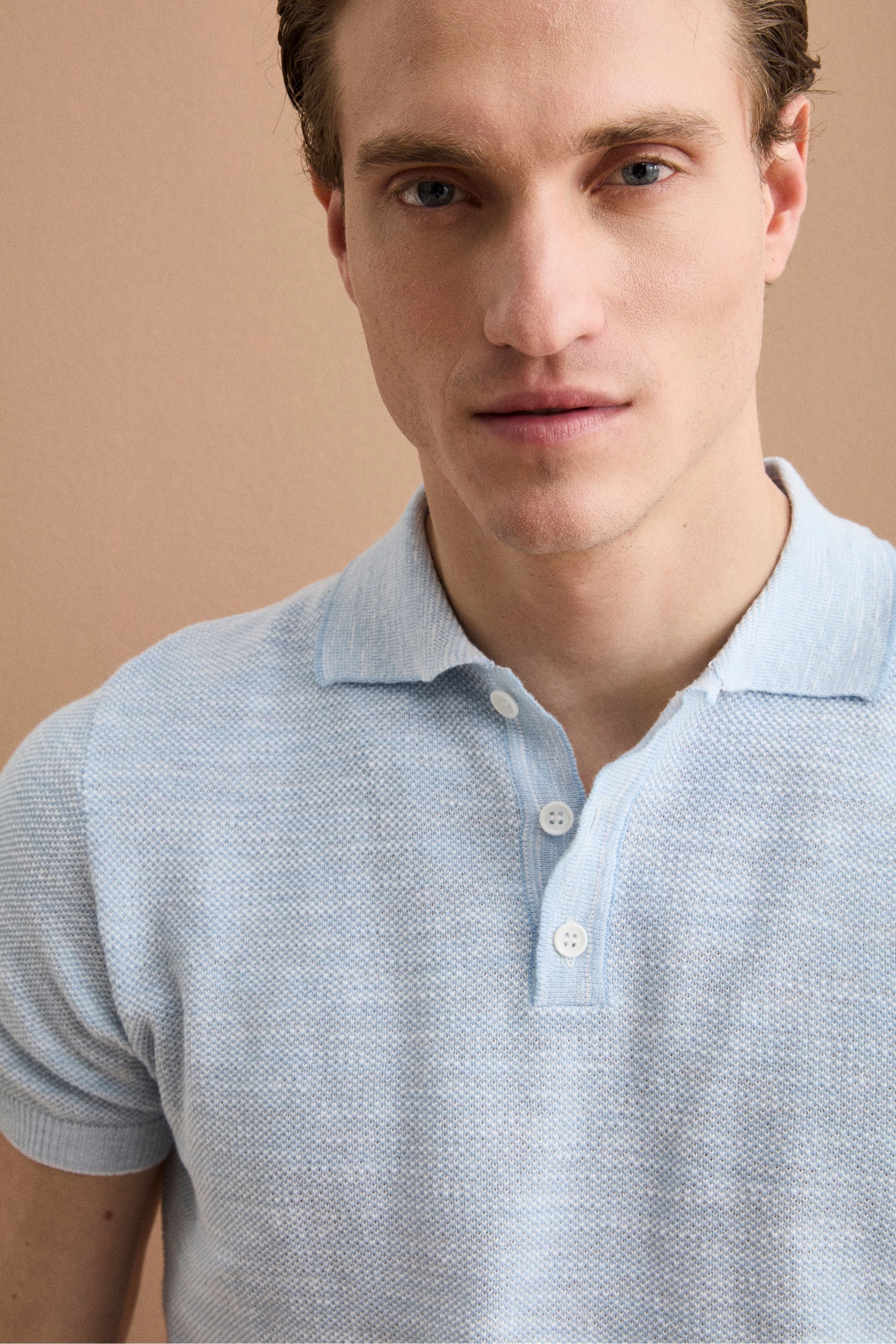 Polo Manica Corta in Misto Lino - AZZURRO