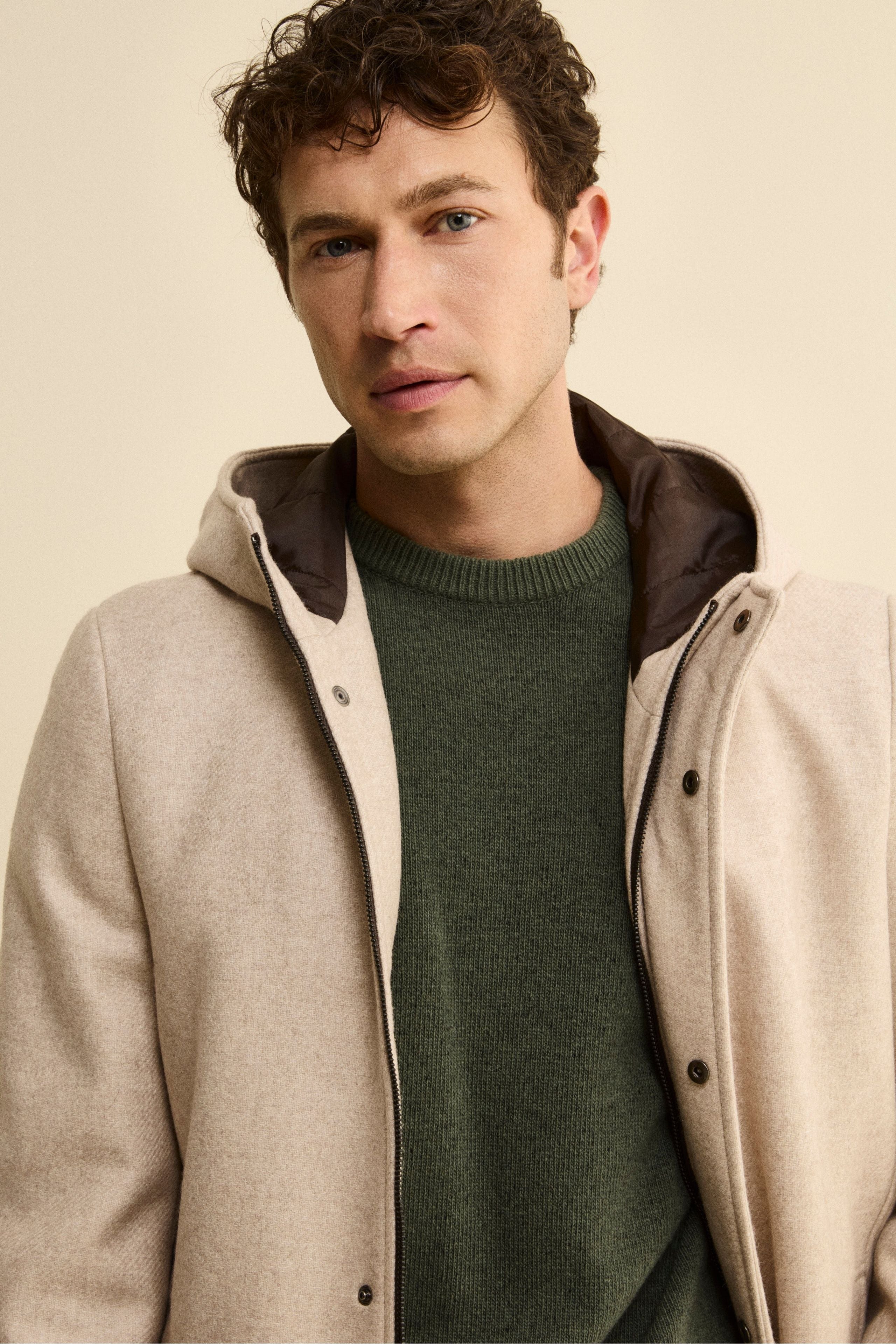 Cappotto Twill in Misto Lana con Zip e Cappuccio - TORTORA