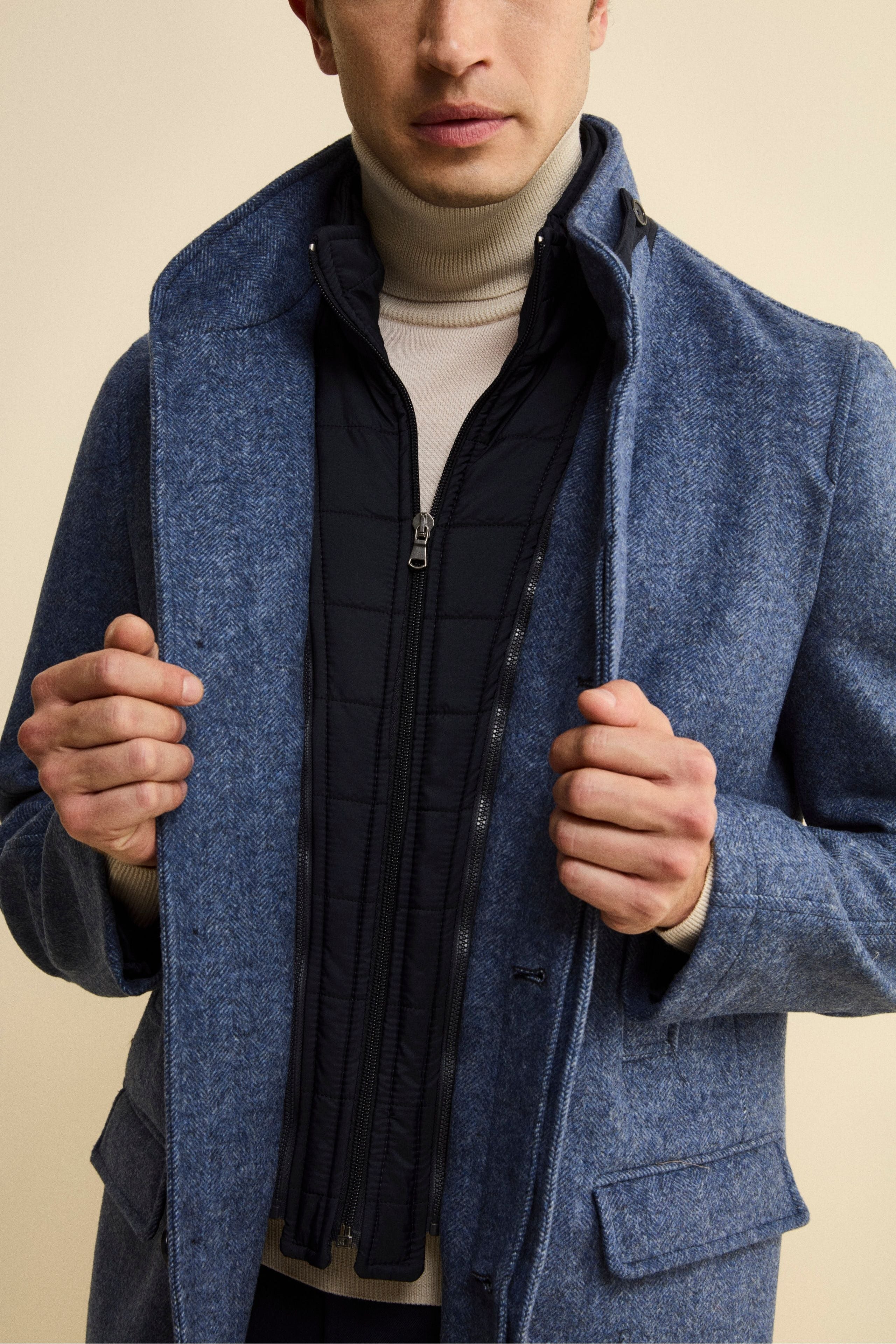 Cappotto Midi Spigato in Misto Lana e Cashmere - AZZURRO MELANGE