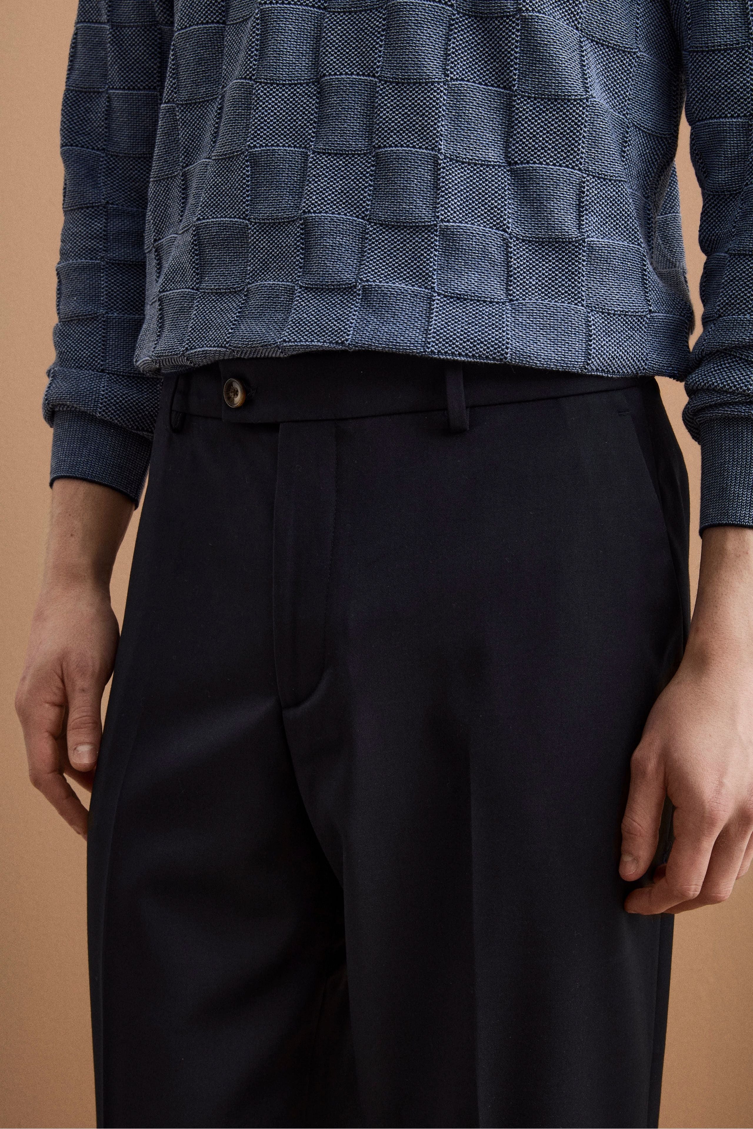 Pantalone Gamba Larga in Misto Lana con Piega - BLU SCURO