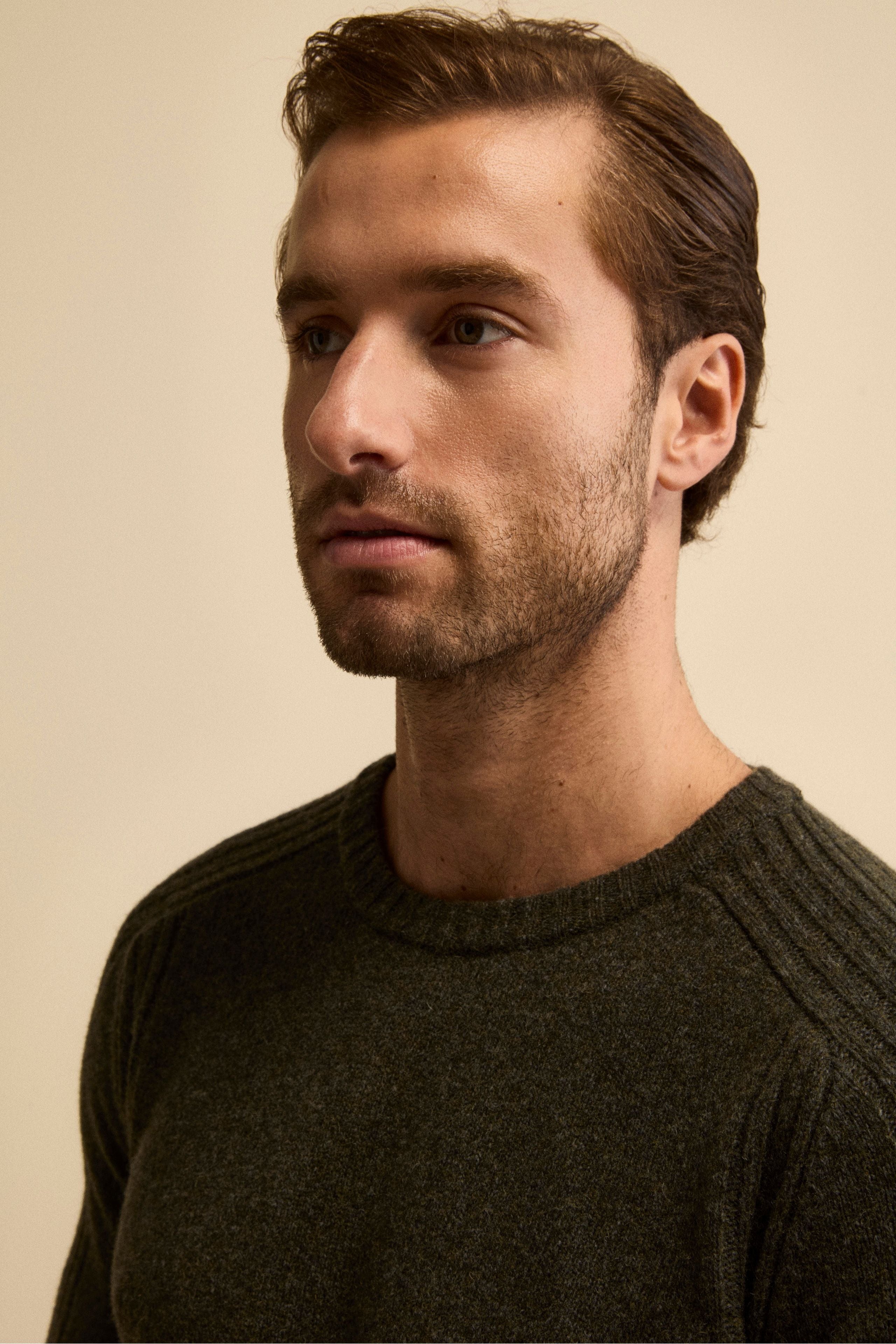 Girocollo Raglan con Motivo a Coste in Misto Lana Vergine - VERDE