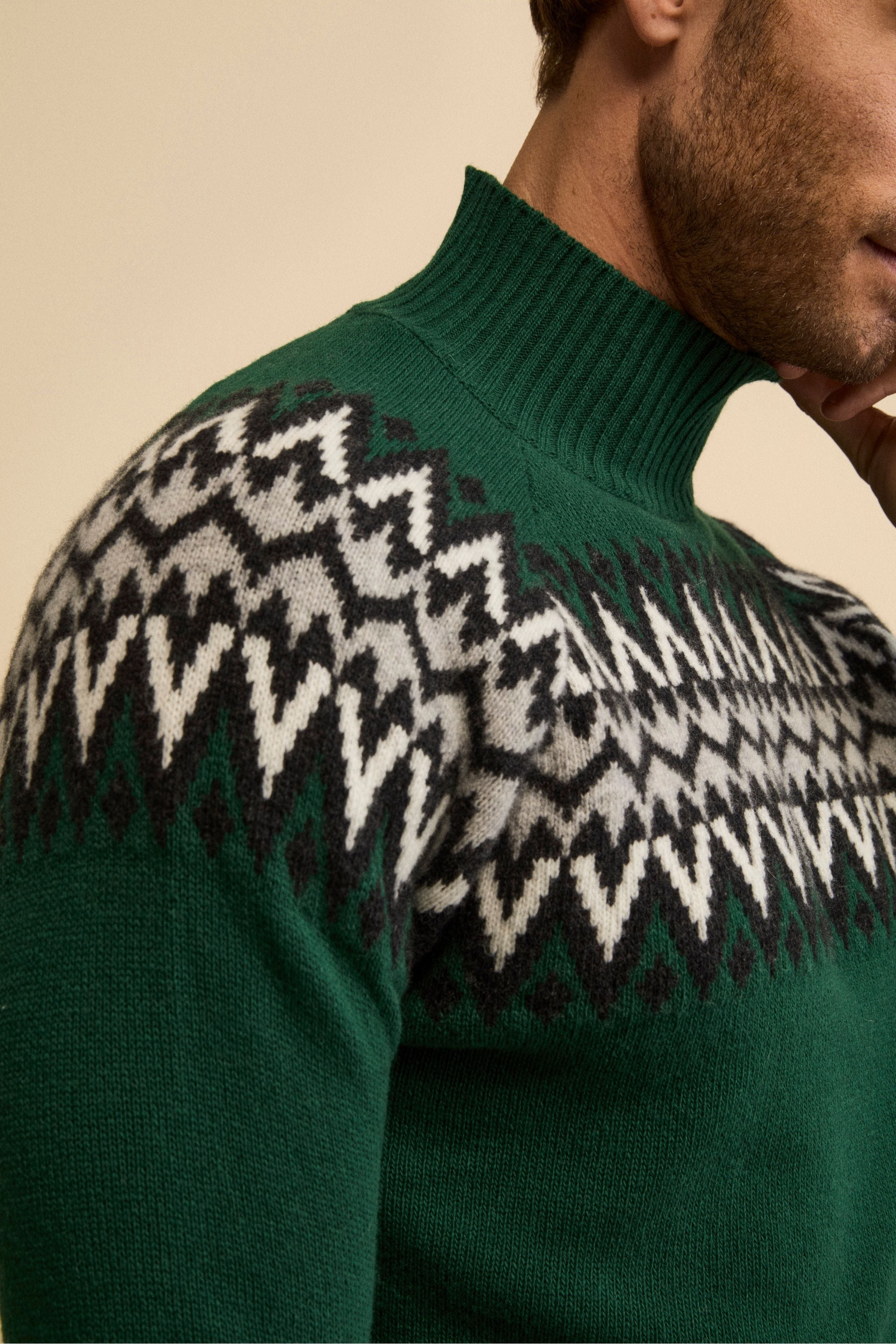 Lupetto Jacquard Norvegese in Lana Merino - VERDE/GRIGIO