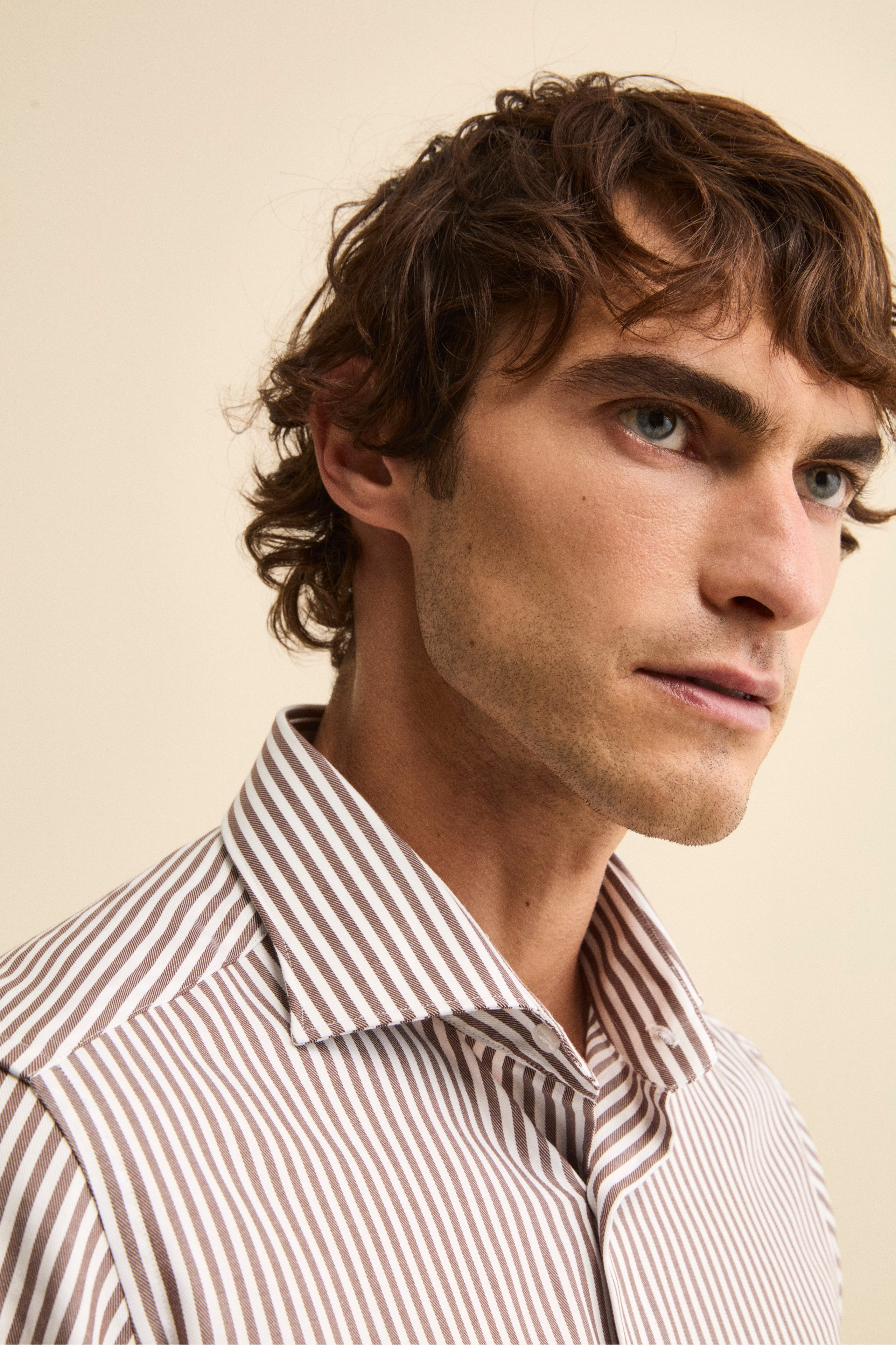 Camicia Slim Fit in Cotone con Collo Francese - MARRONE RIGATO