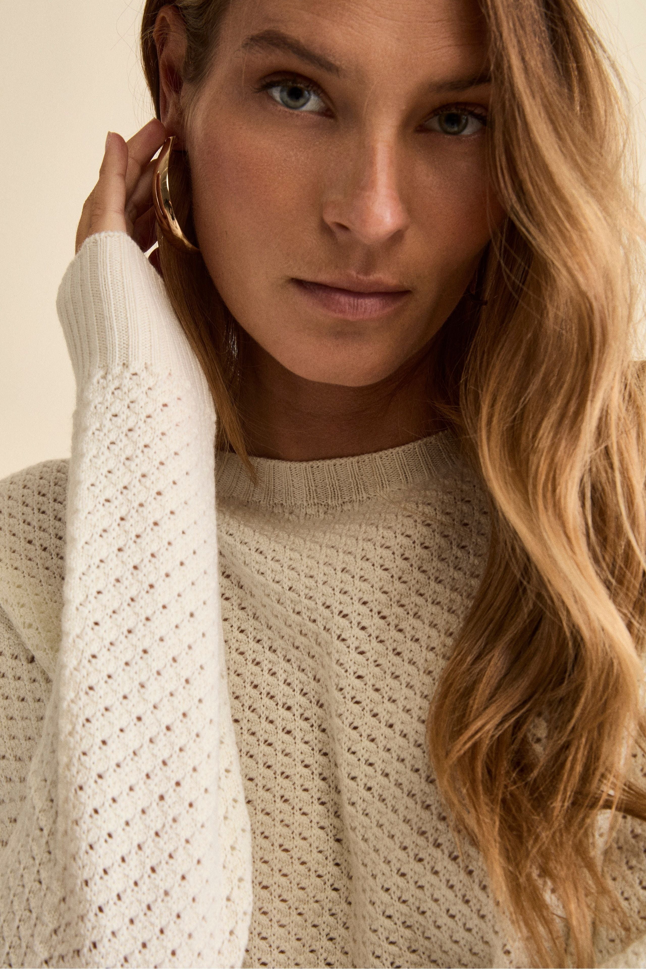 Maglia Girocollo Traforata in Lana Merino - ECRU