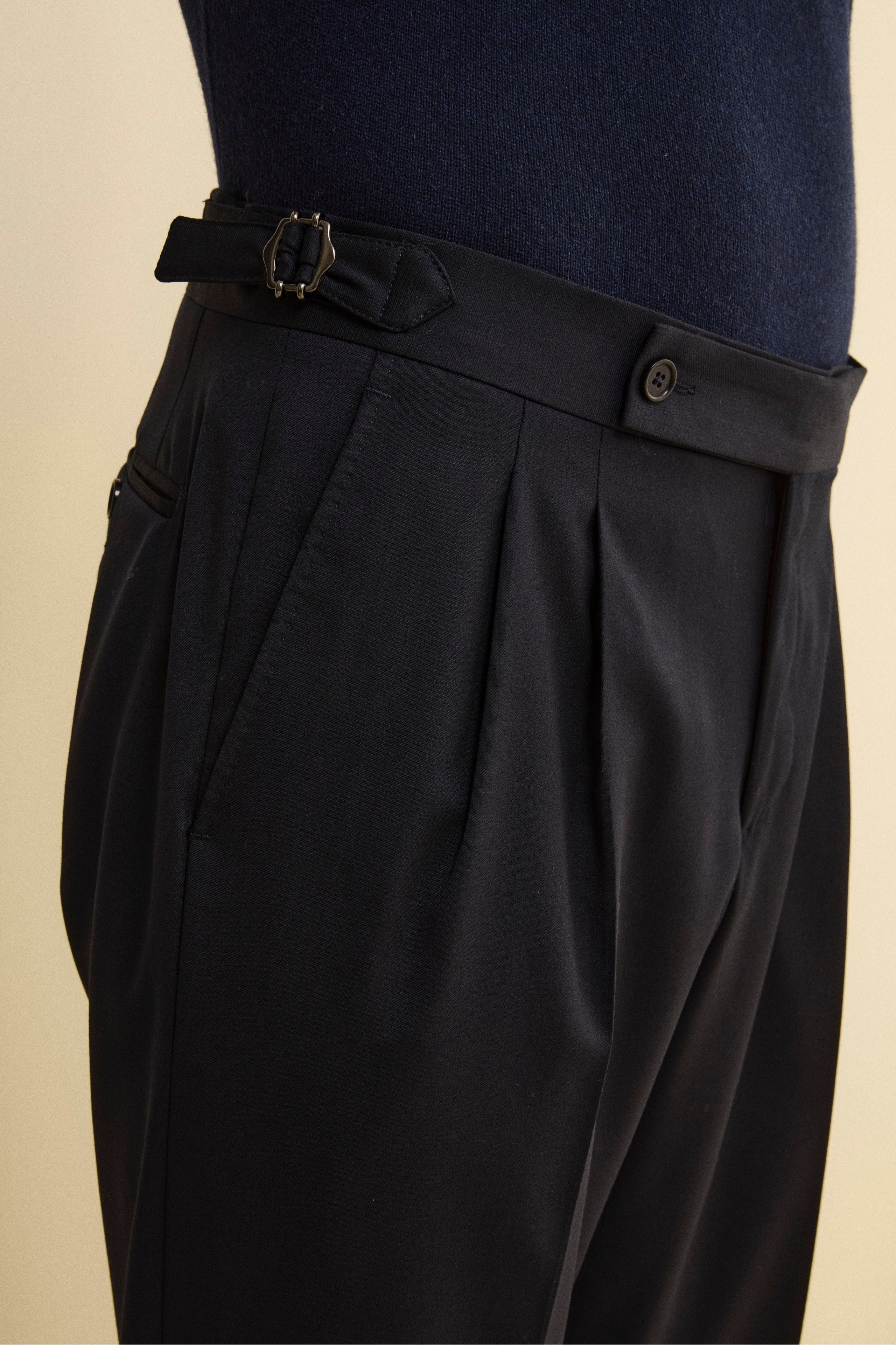 Pantalone Straight in Lana Vergine con Pinces e Risvolto - BLU