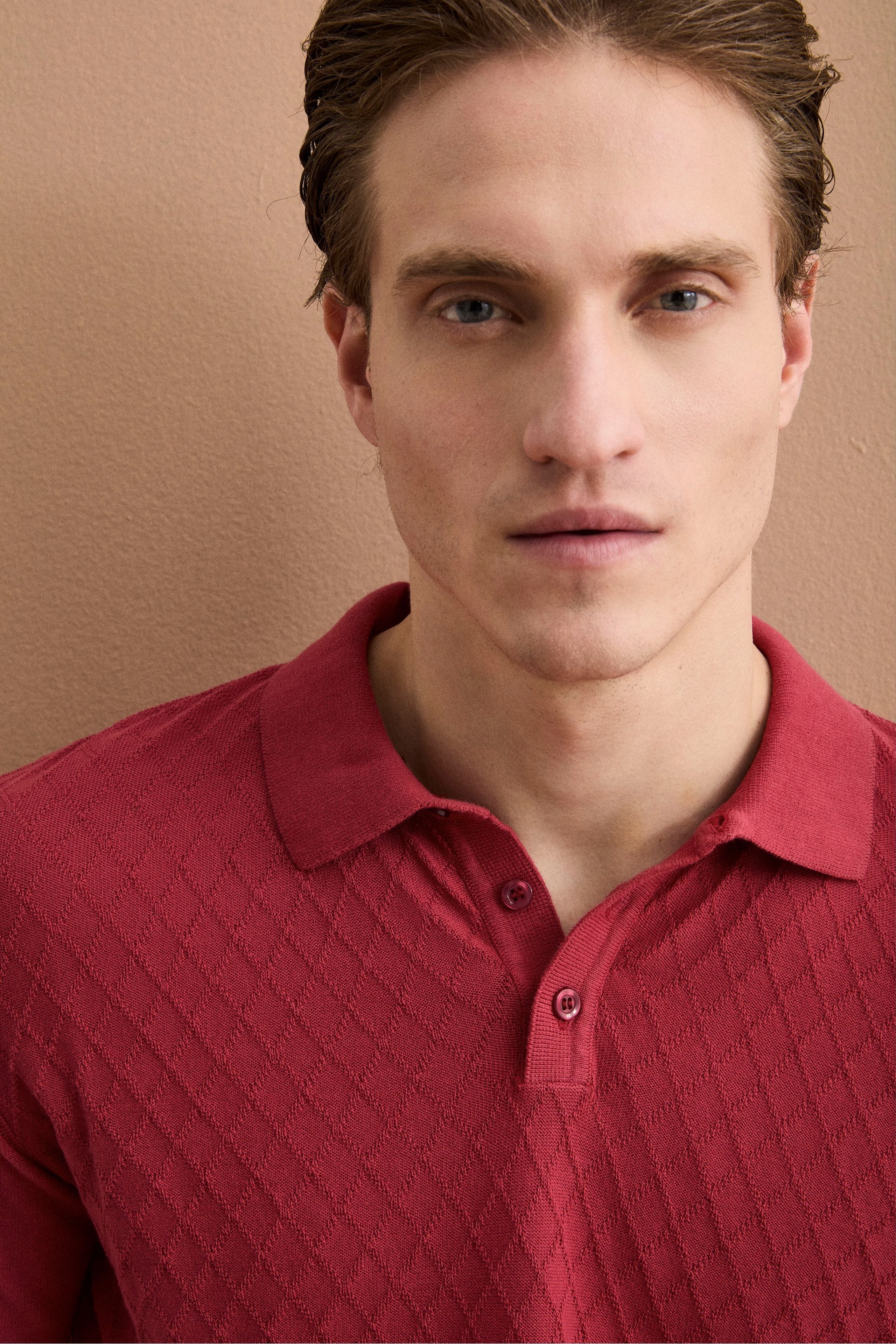 Polo Mezza Manica a Rombi in Cotone Crêpe - GERANIO