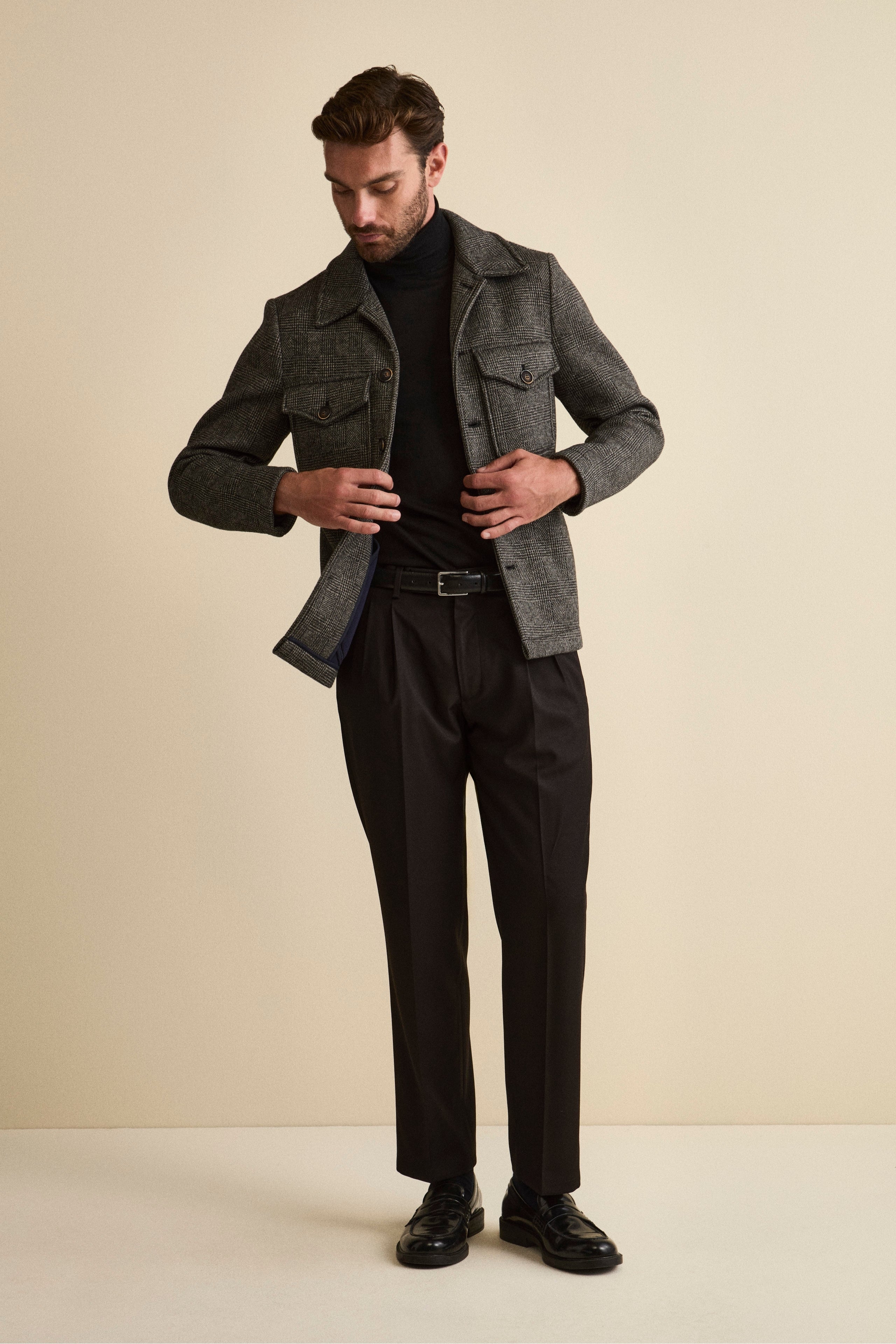 Pantalone Gamba Larga in Misto Lana con Pinces - NERO