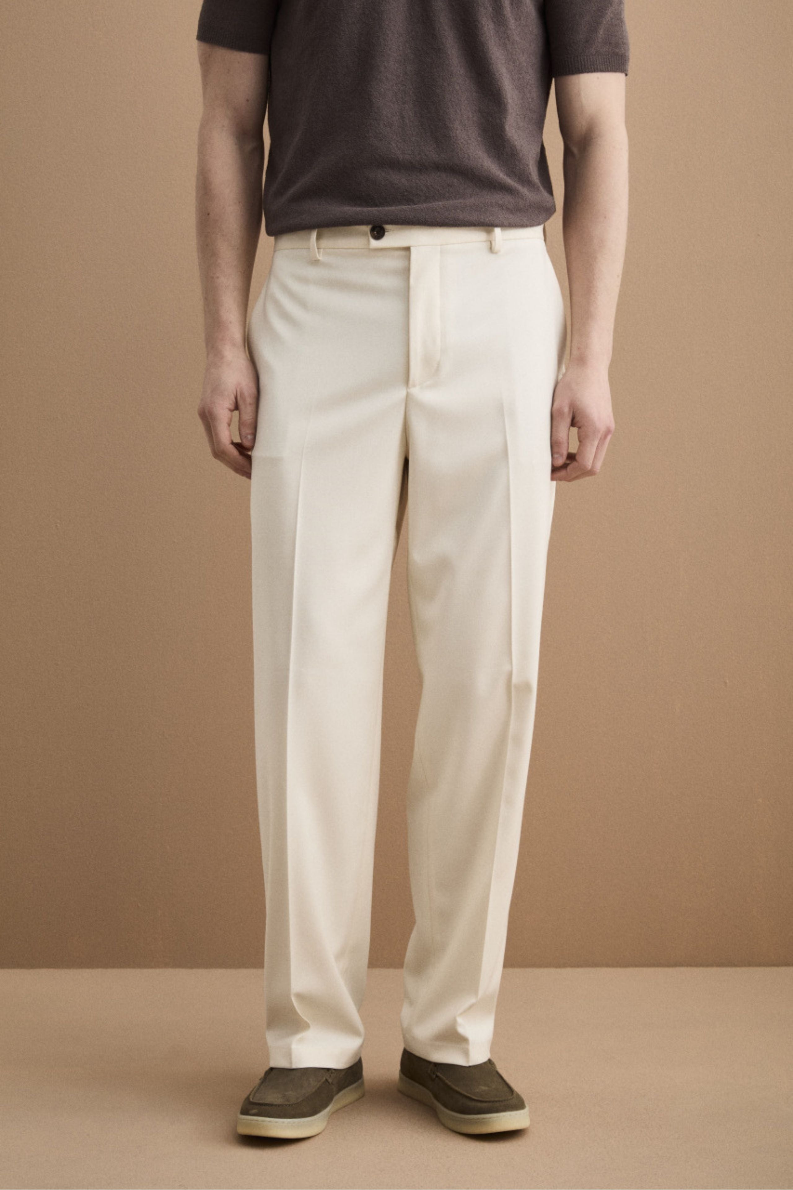 Pantalone Gamba Larga in Misto Lana con Piega - LATTE