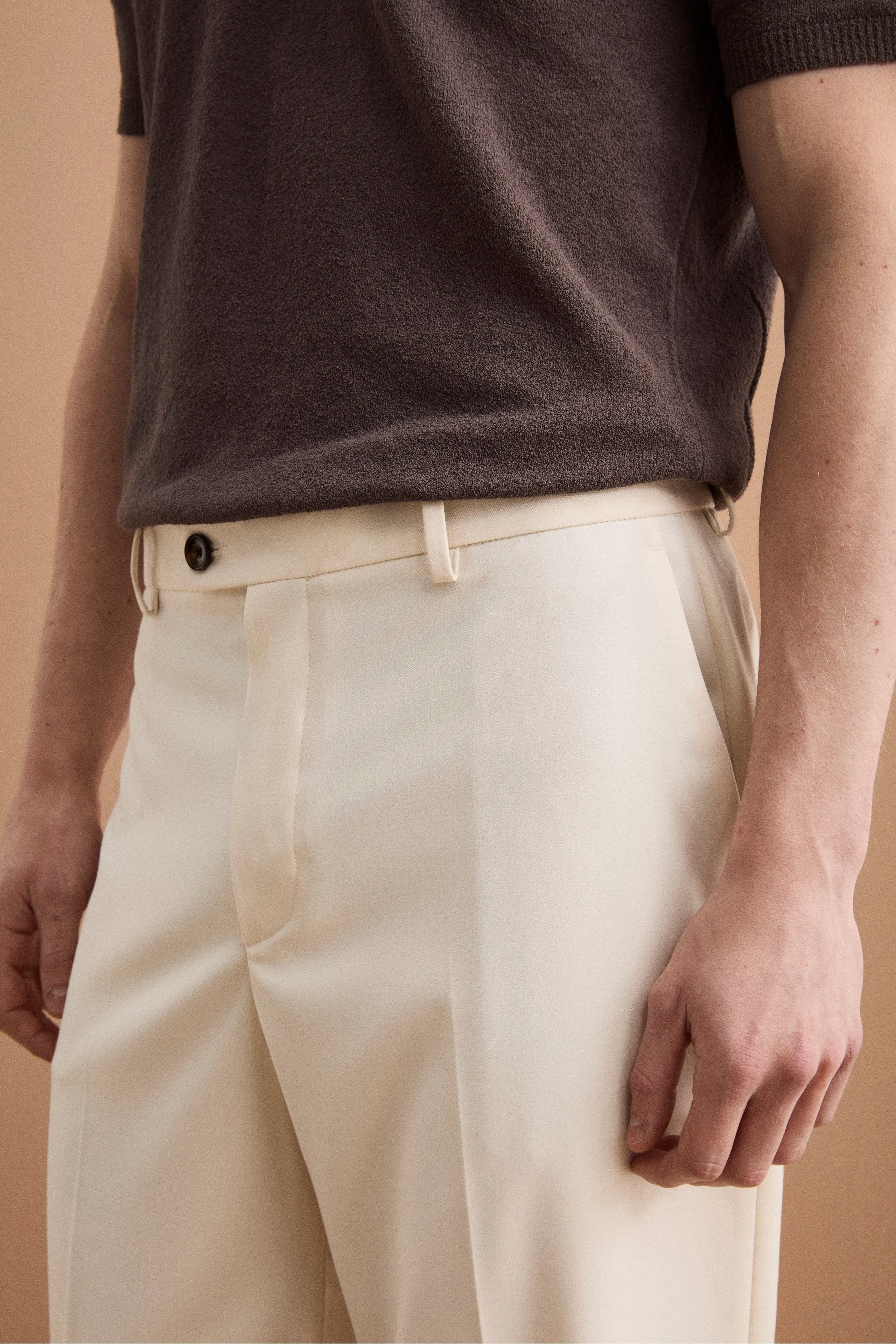 Pantalone Gamba Larga in Misto Lana con Piega - LATTE