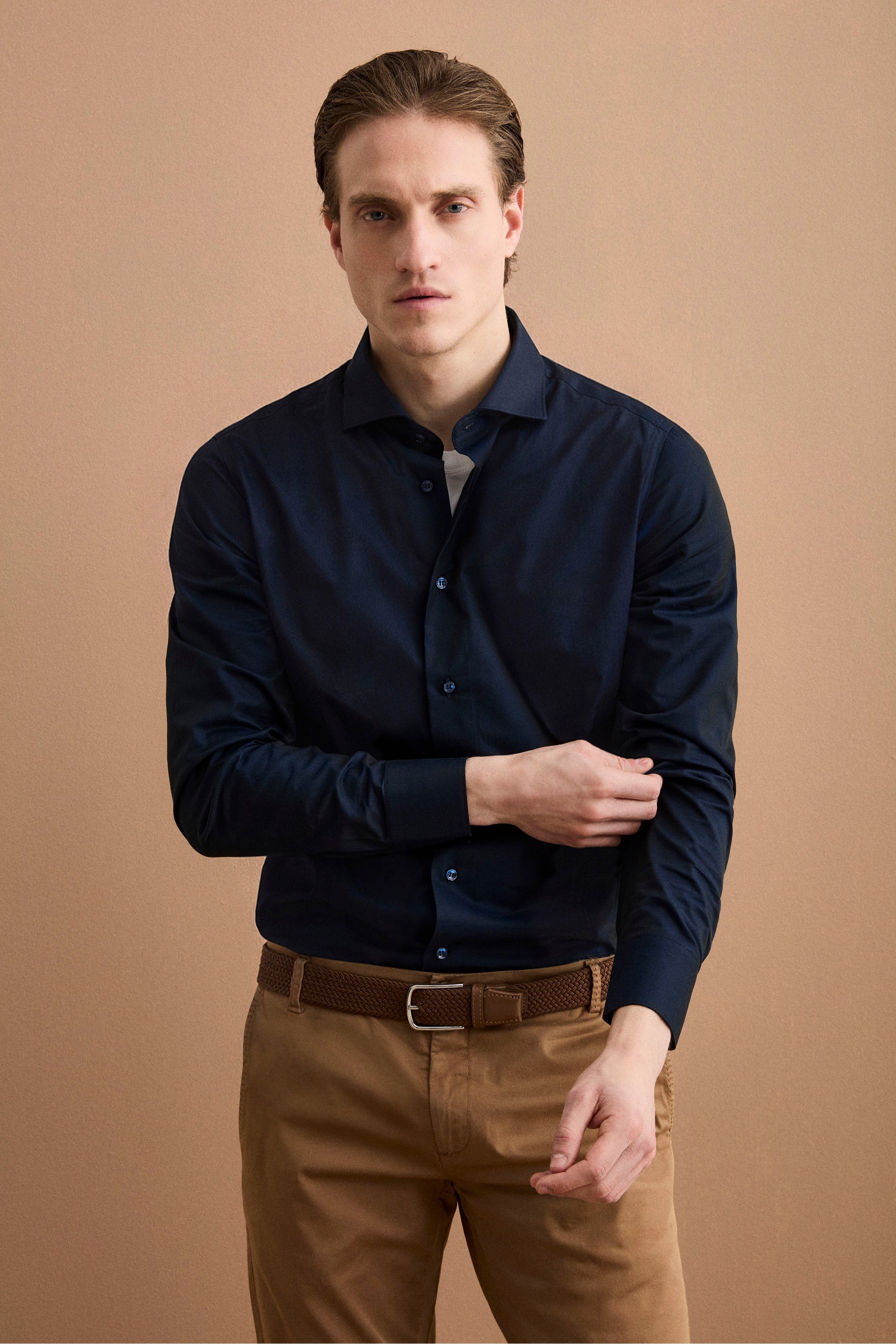 Camicia slim twill collo francese - BLU