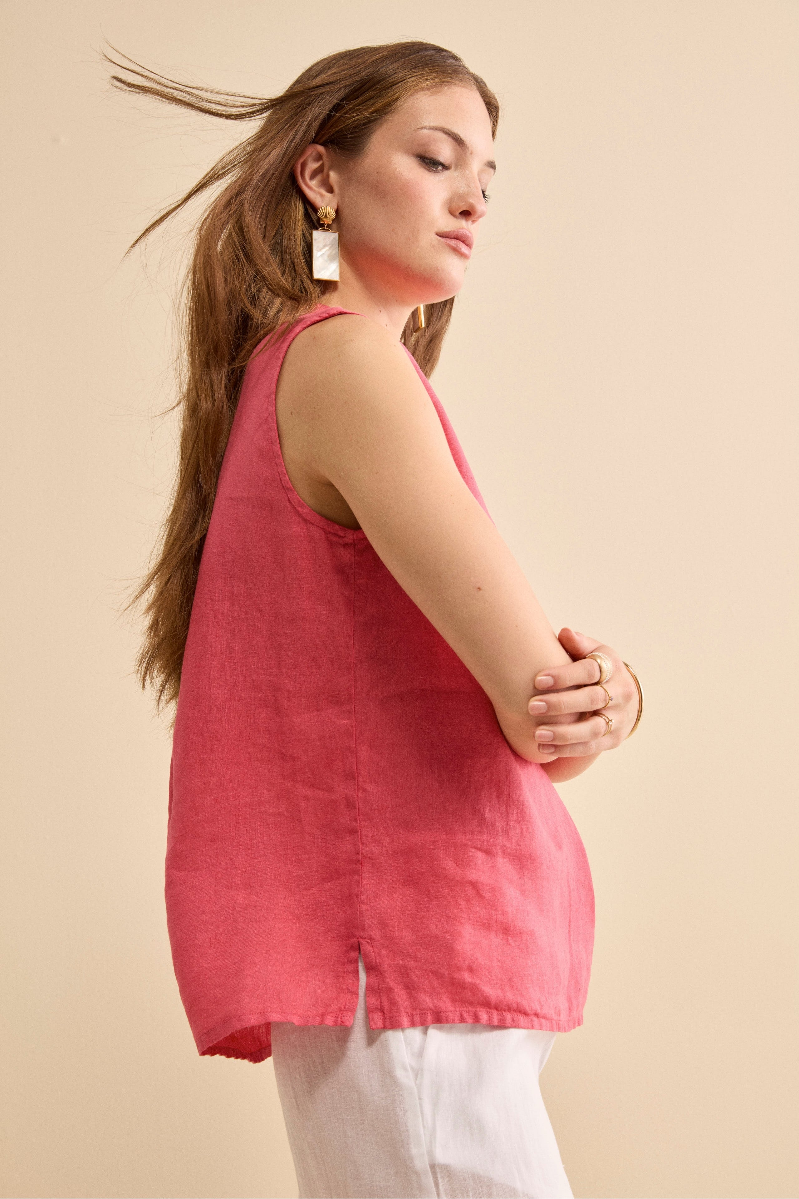 Top Incrociato in Lino con Scollo a V - CORALLO