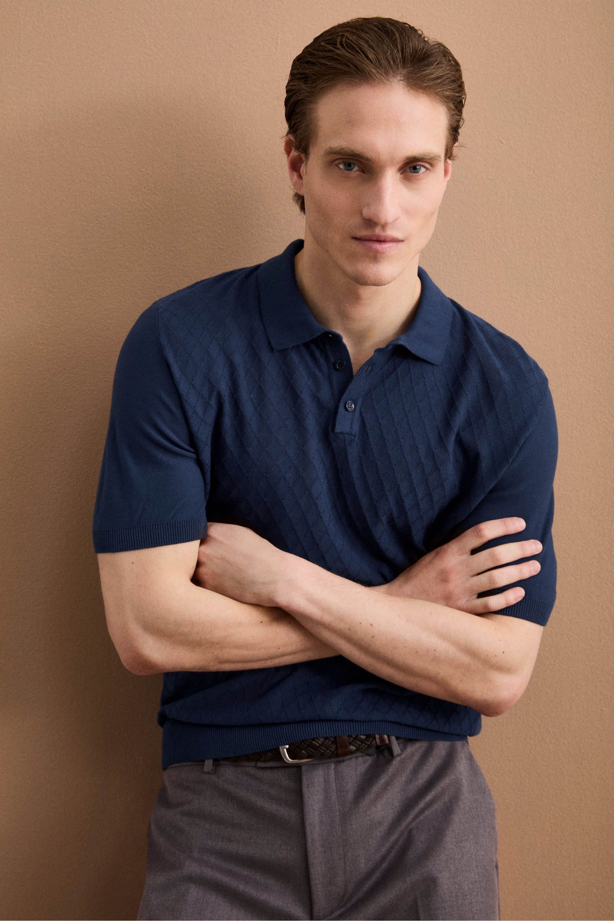 Polo Mezza Manica a Rombi in Cotone Crêpe - BLU CHIARO