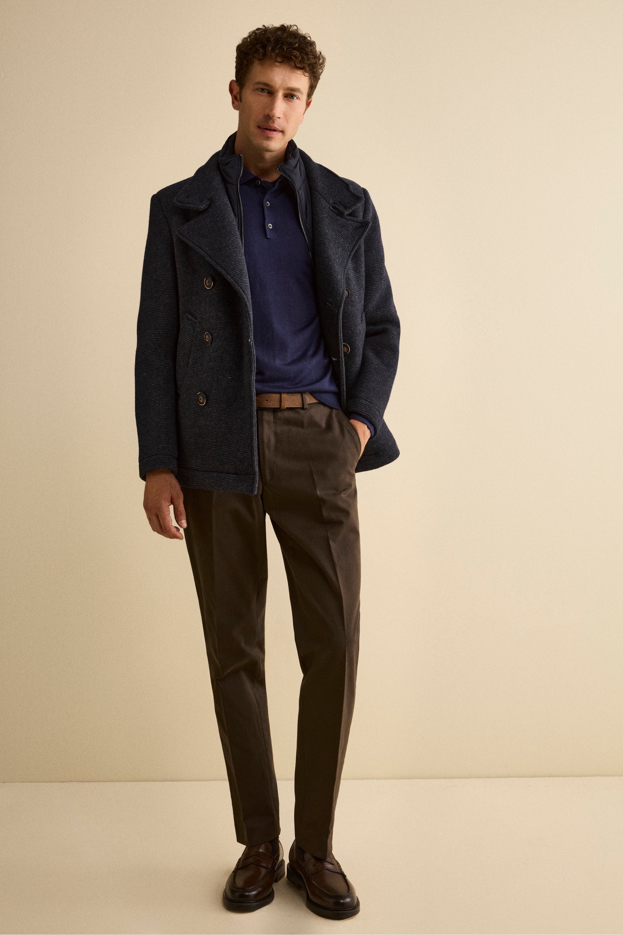 Peacoat Doppiopetto in Misto Lana con Pettorina - BLU MELANGE