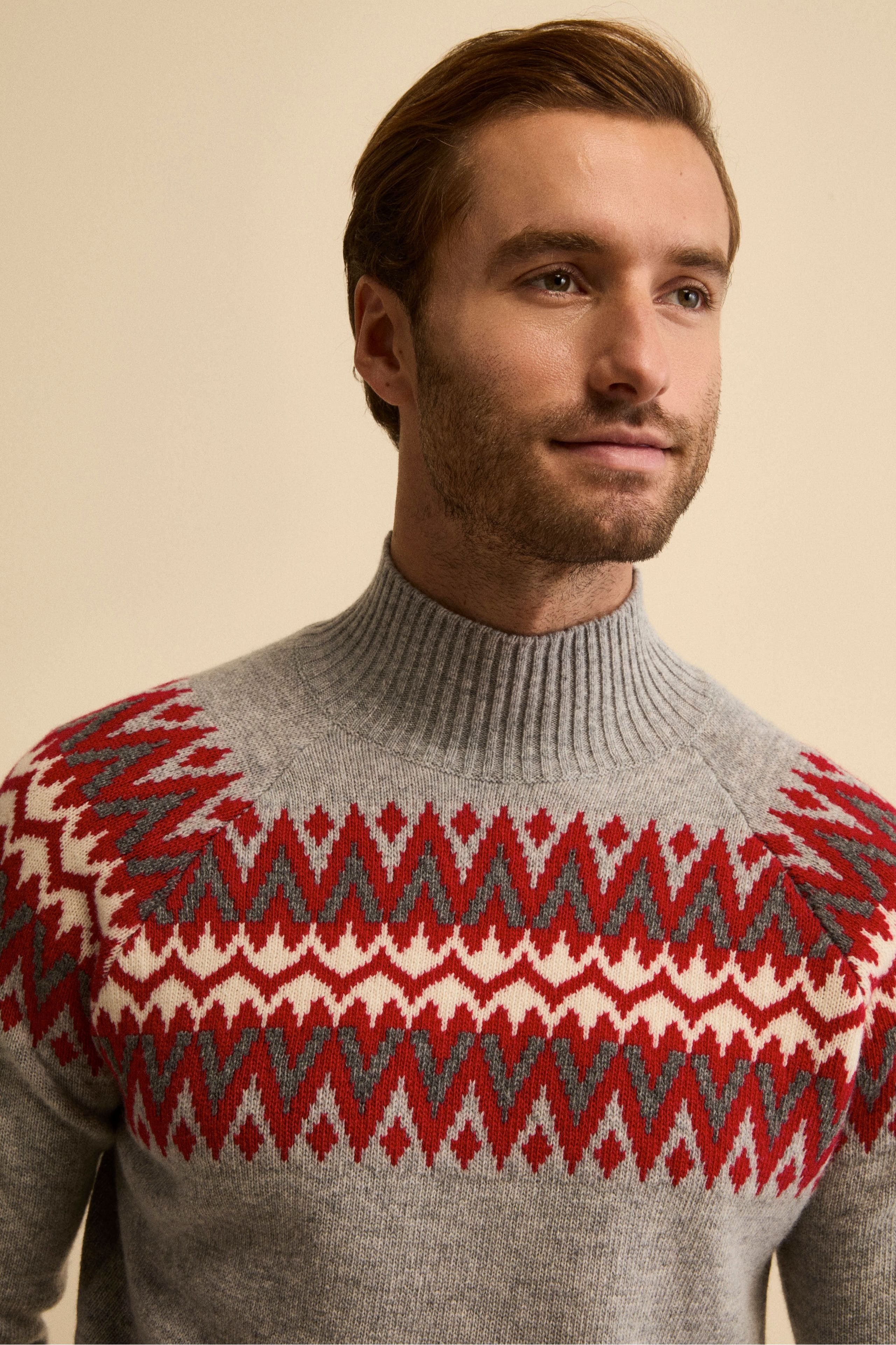 Lupetto Jacquard Norvegese in Lana Merino - GRIGIO/ROSSO