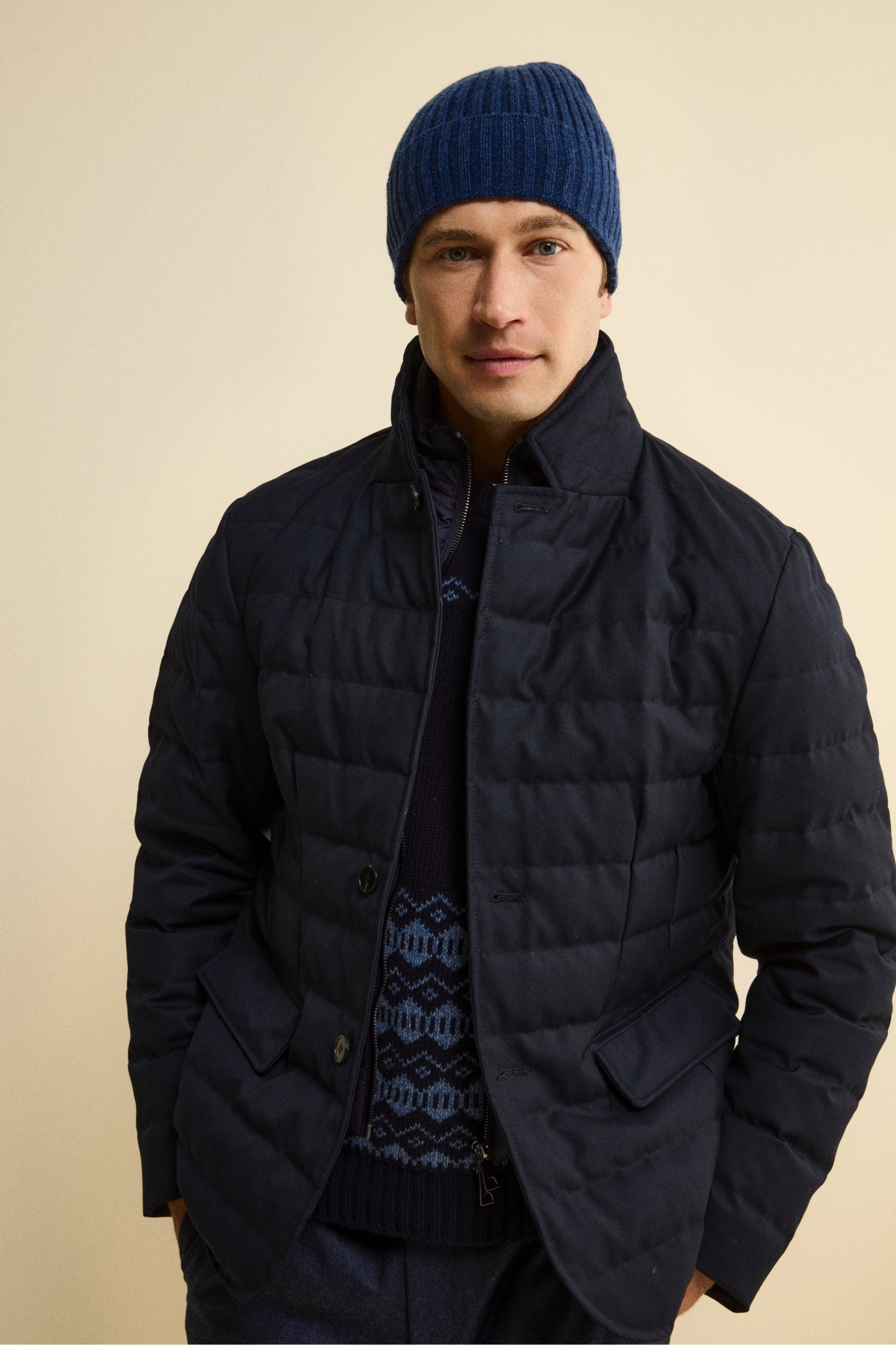 Cappello in cashmere a coste - BLU MELANGE