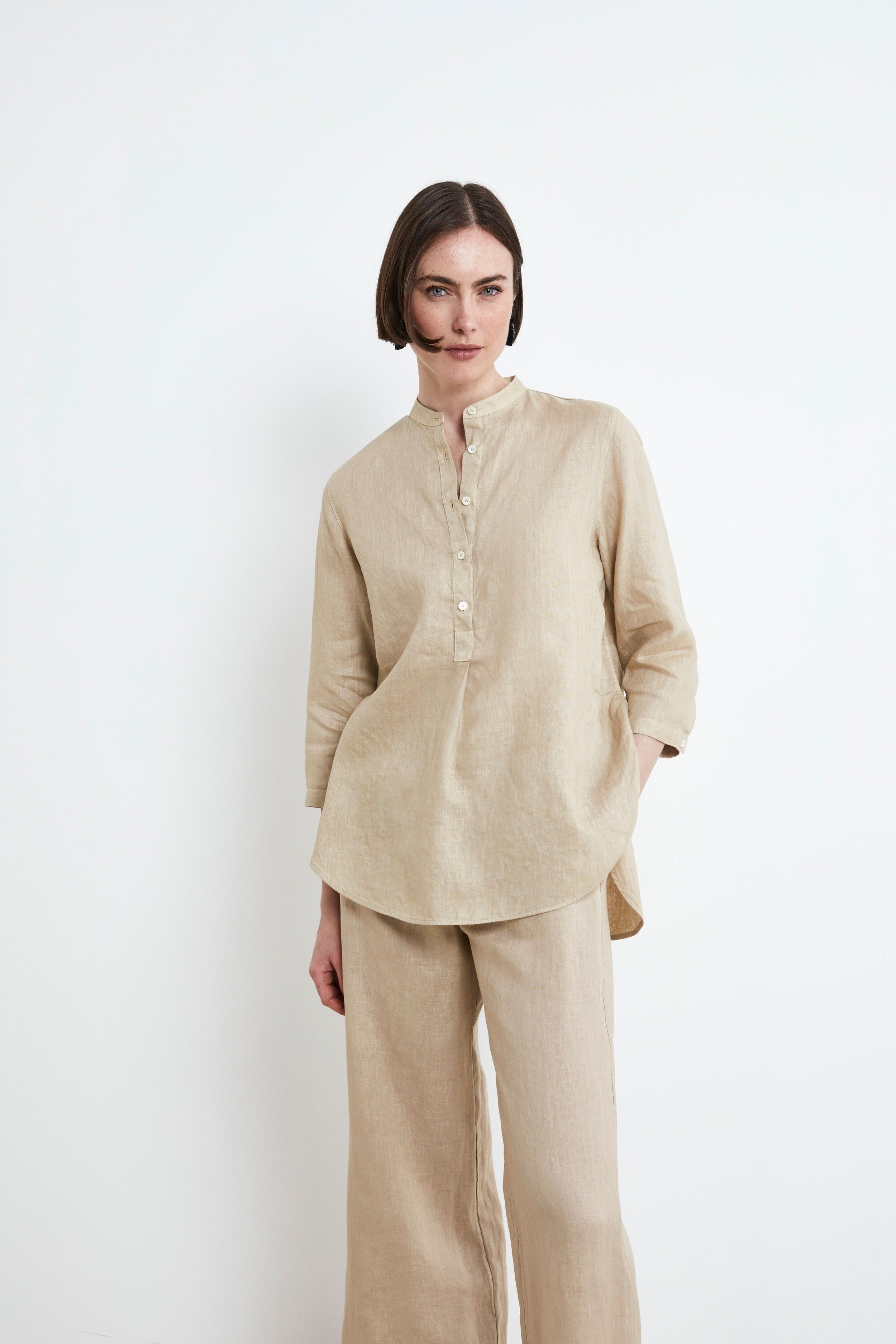 Camicia Coreana in Lino - BEIGE