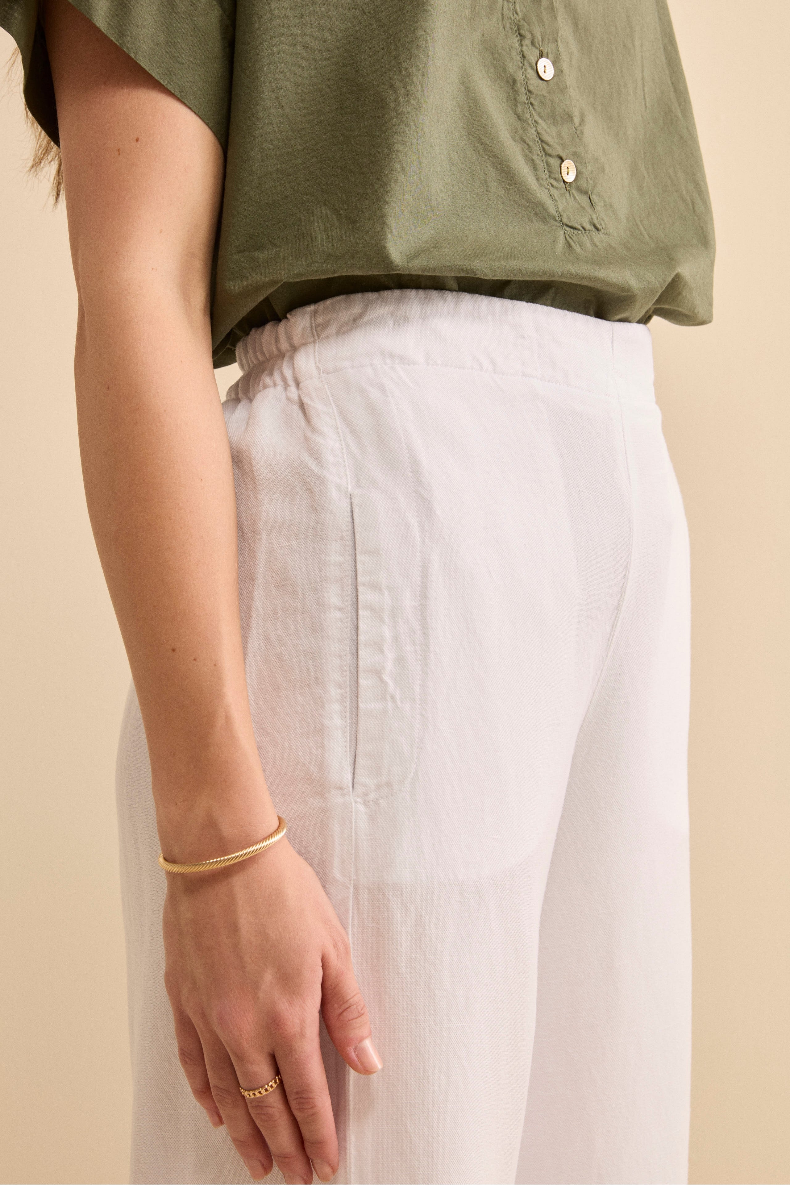 Pantalone Ampio in Misto Lino con Elastico - BIANCO