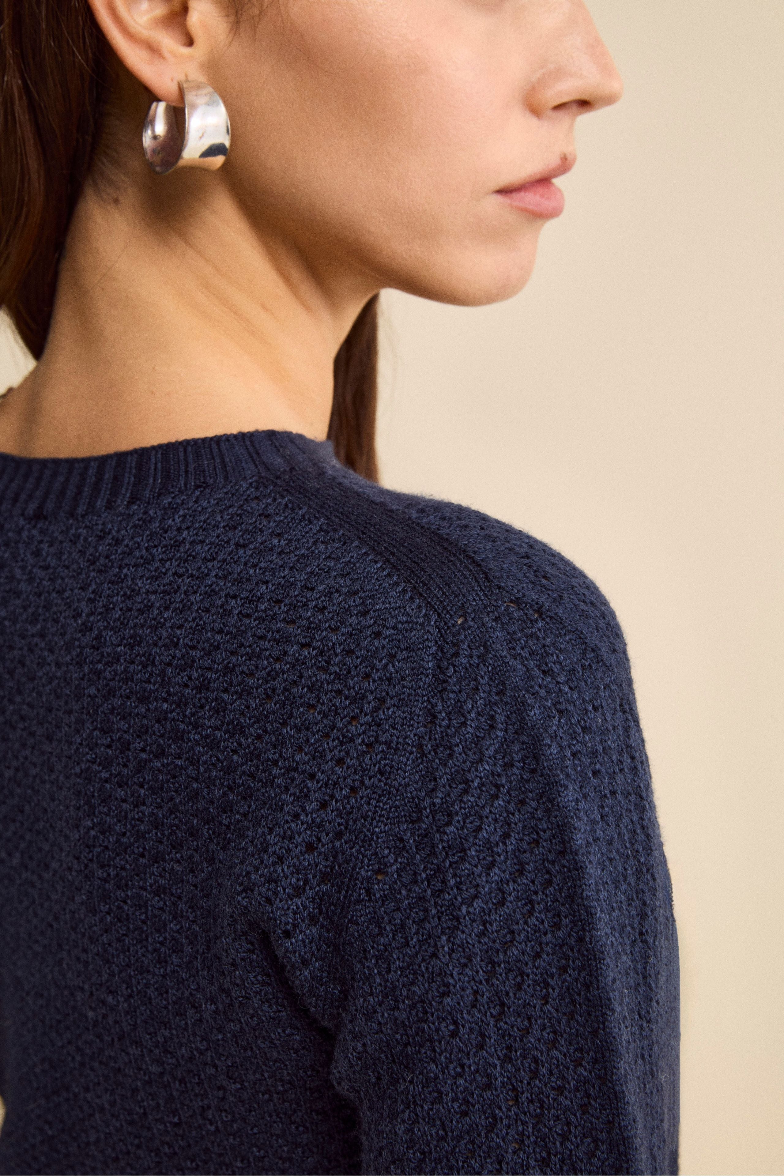 Maglia Girocollo Traforata in Lana Merino - NAVY