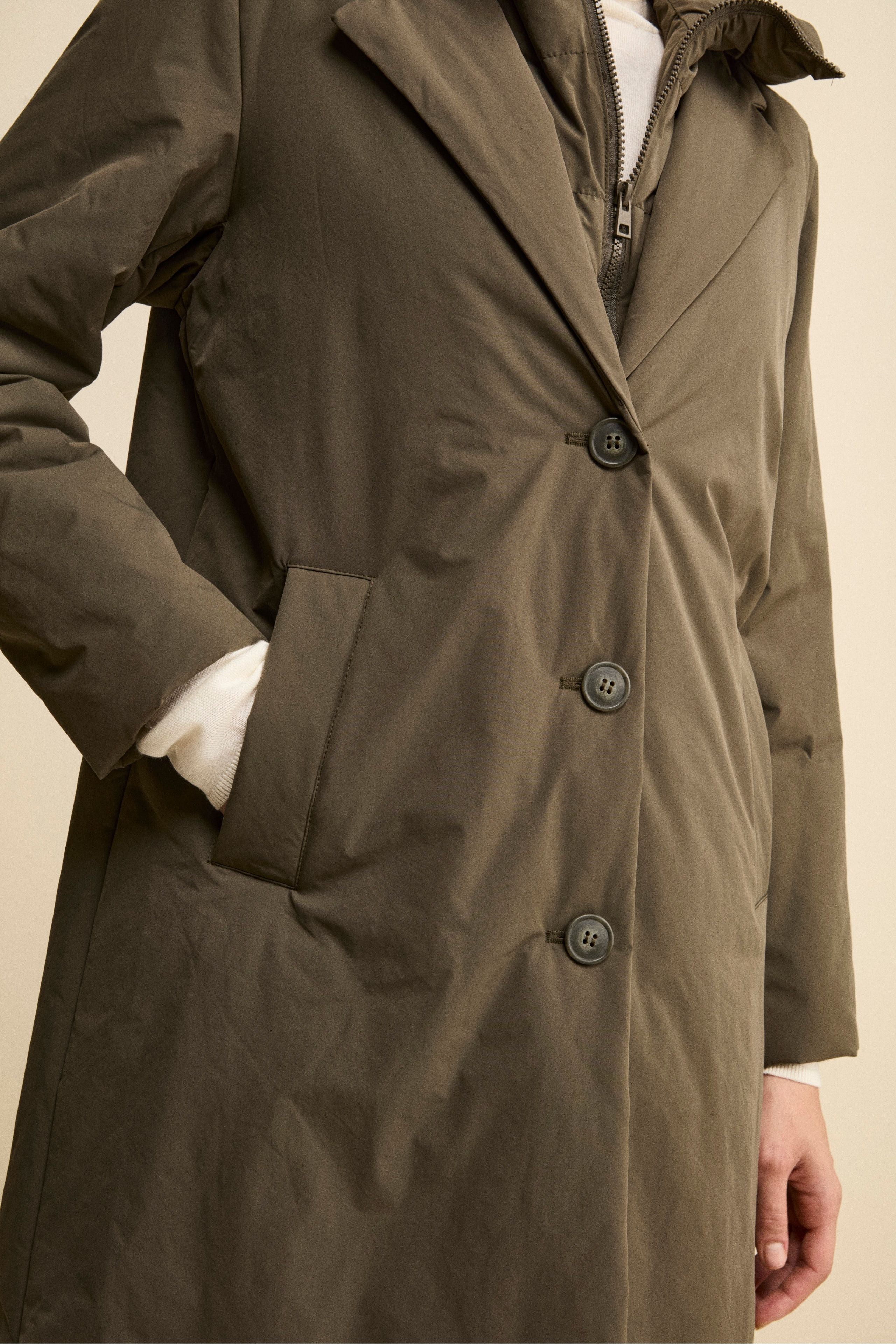 Impermeabile Midi Imbottito con Cappuccio Removibile - VERDE MILITARE