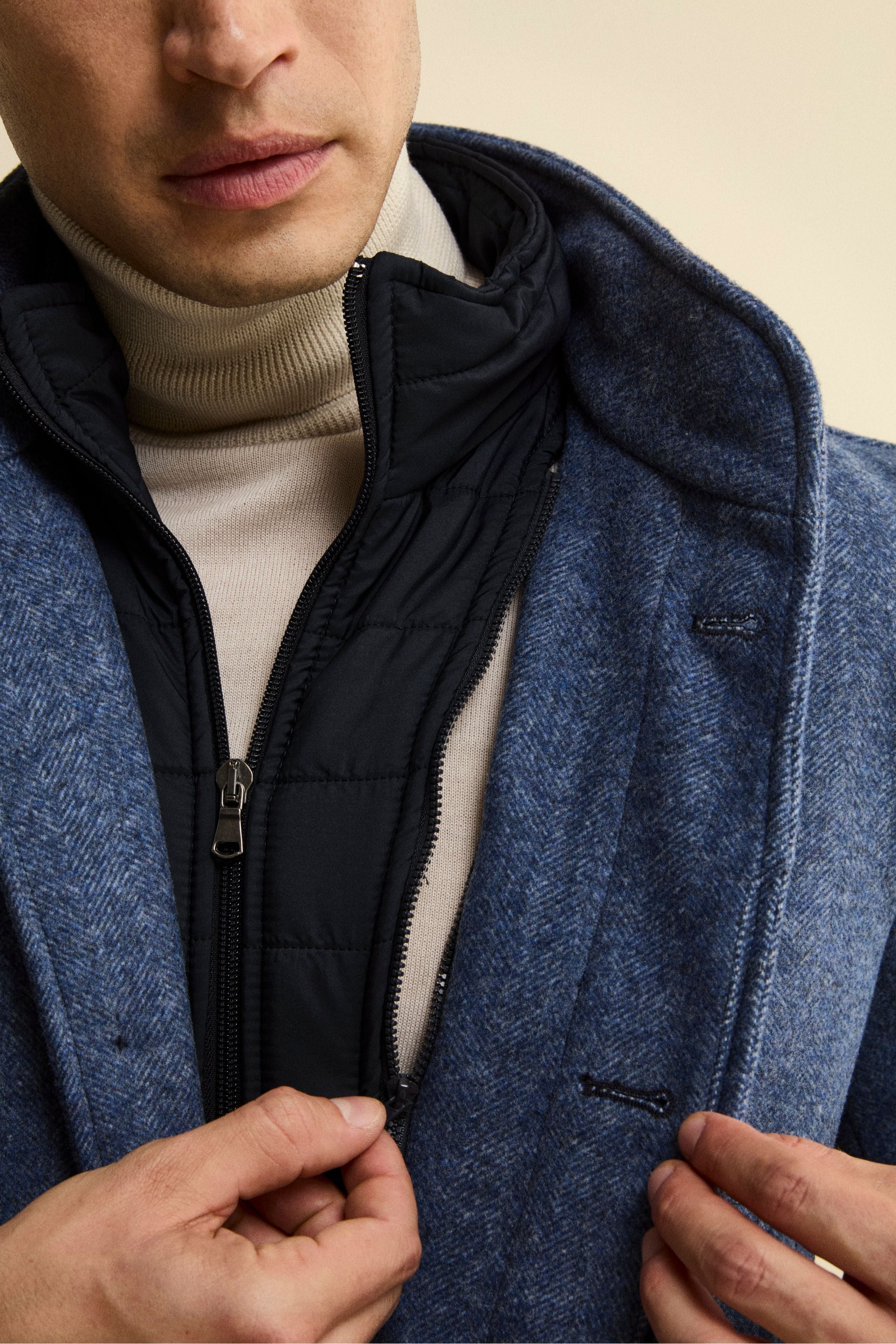 Cappotto Midi Spigato in Misto Lana e Cashmere - AZZURRO MELANGE