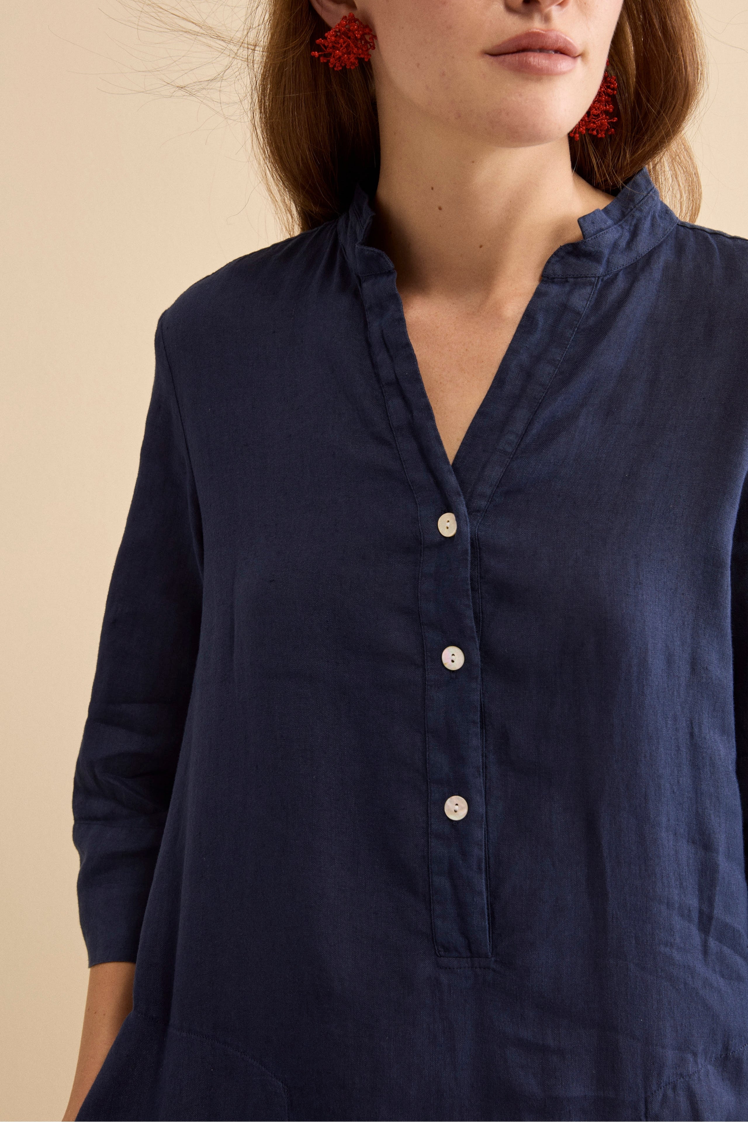 Abito Chemisier Midi in Lino con Collo Coreana - NAVY