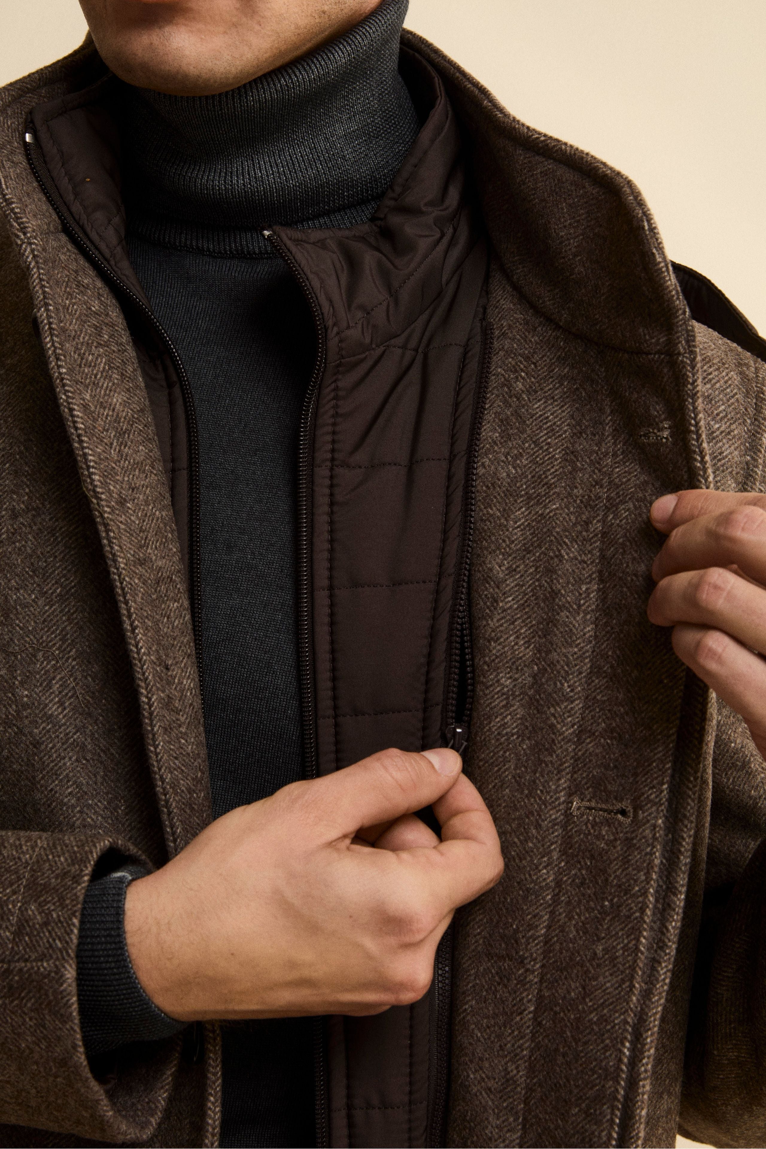 Cappotto Midi Spigato in Misto Lana e Cashmere - MARRONE MELANGE