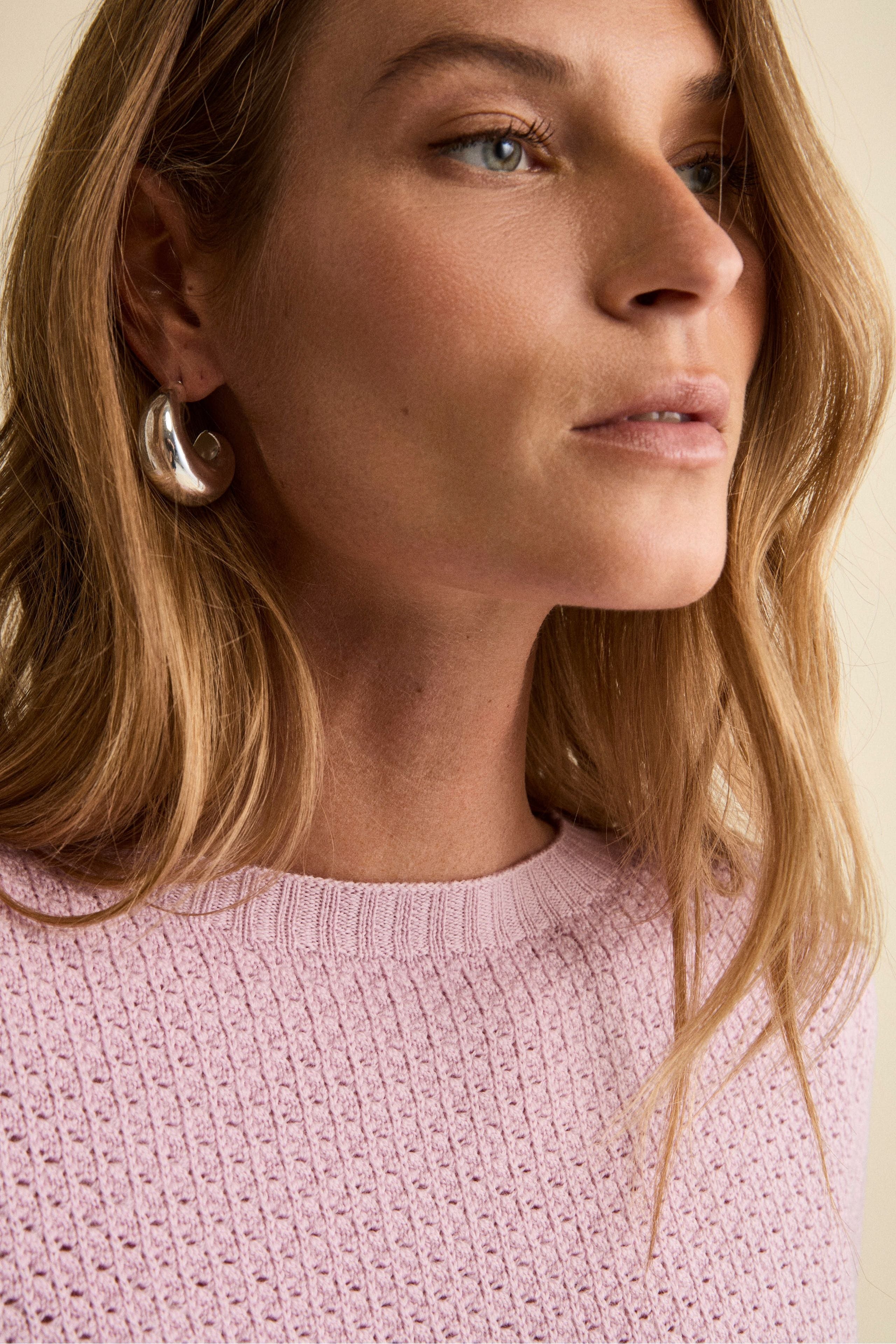 Maglia Girocollo Traforata in Lana Merino - ROSA