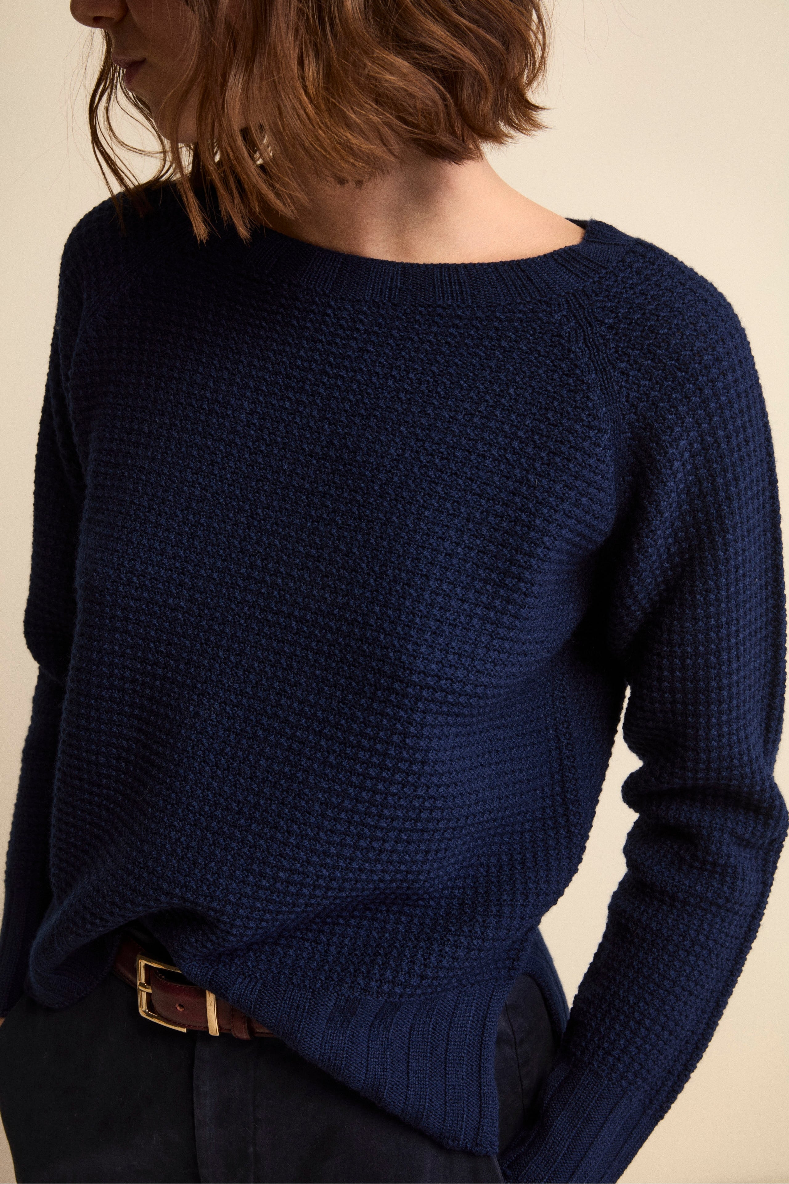Maglia Scollo Barchetta in Lana Merino Lavorata - NAVY