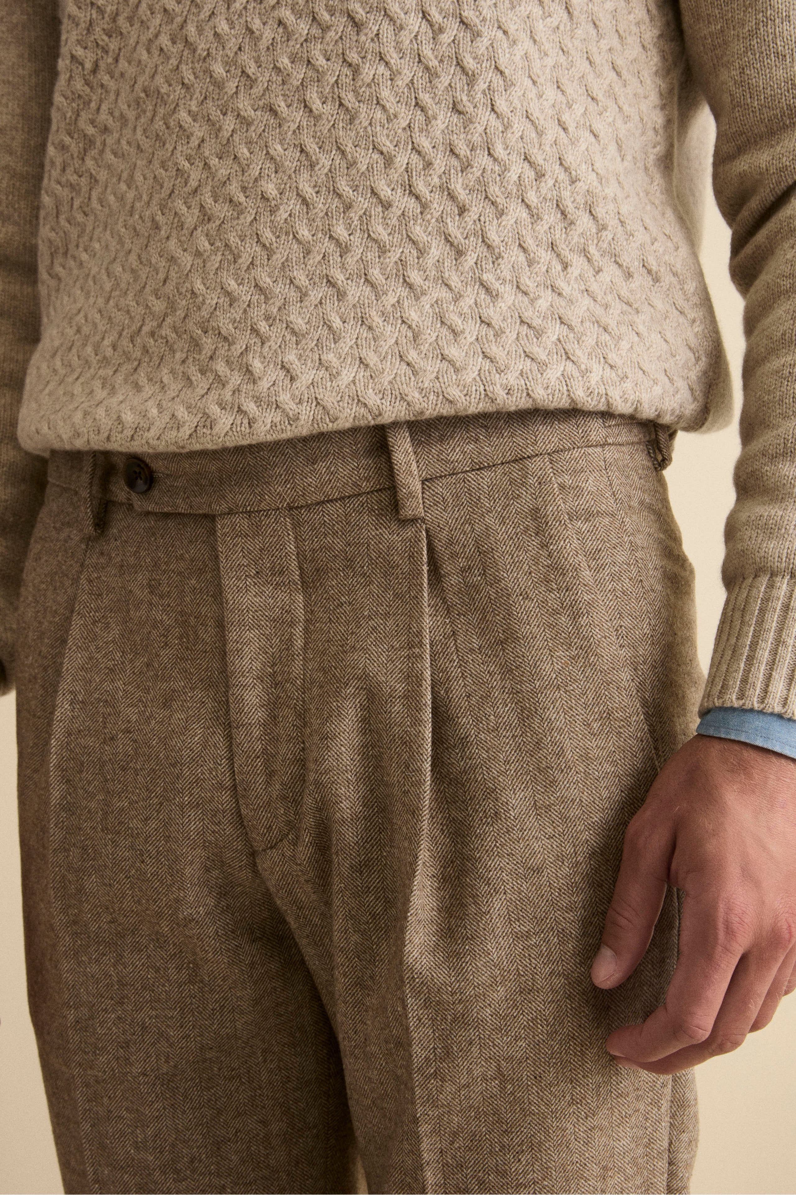 Pantalone Straight Spigato in Misto Lana con Risvolto - NOCCIOLA MELANGE