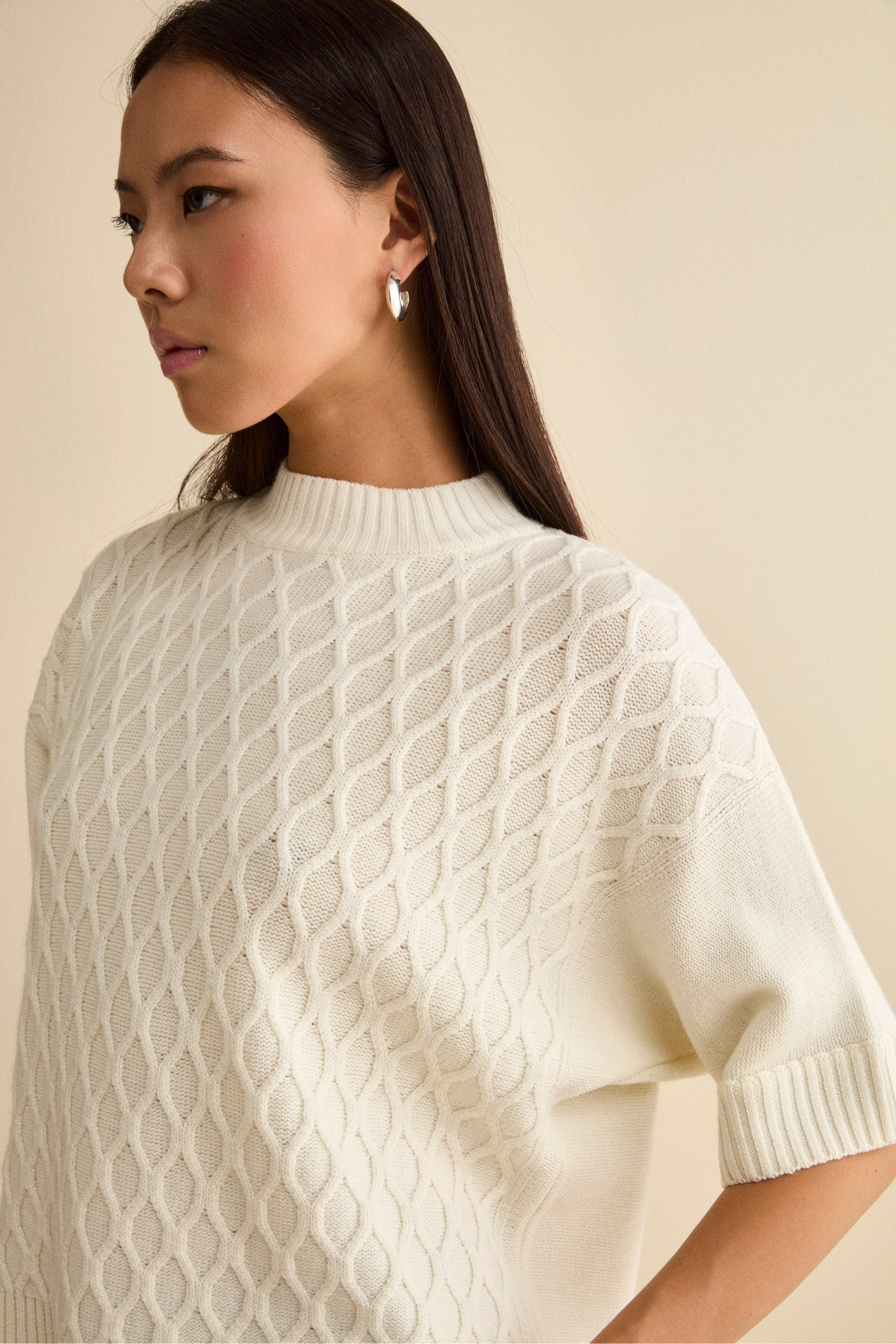Girocollo Mezza Manica Lavorato in Lana Merino - ECRU