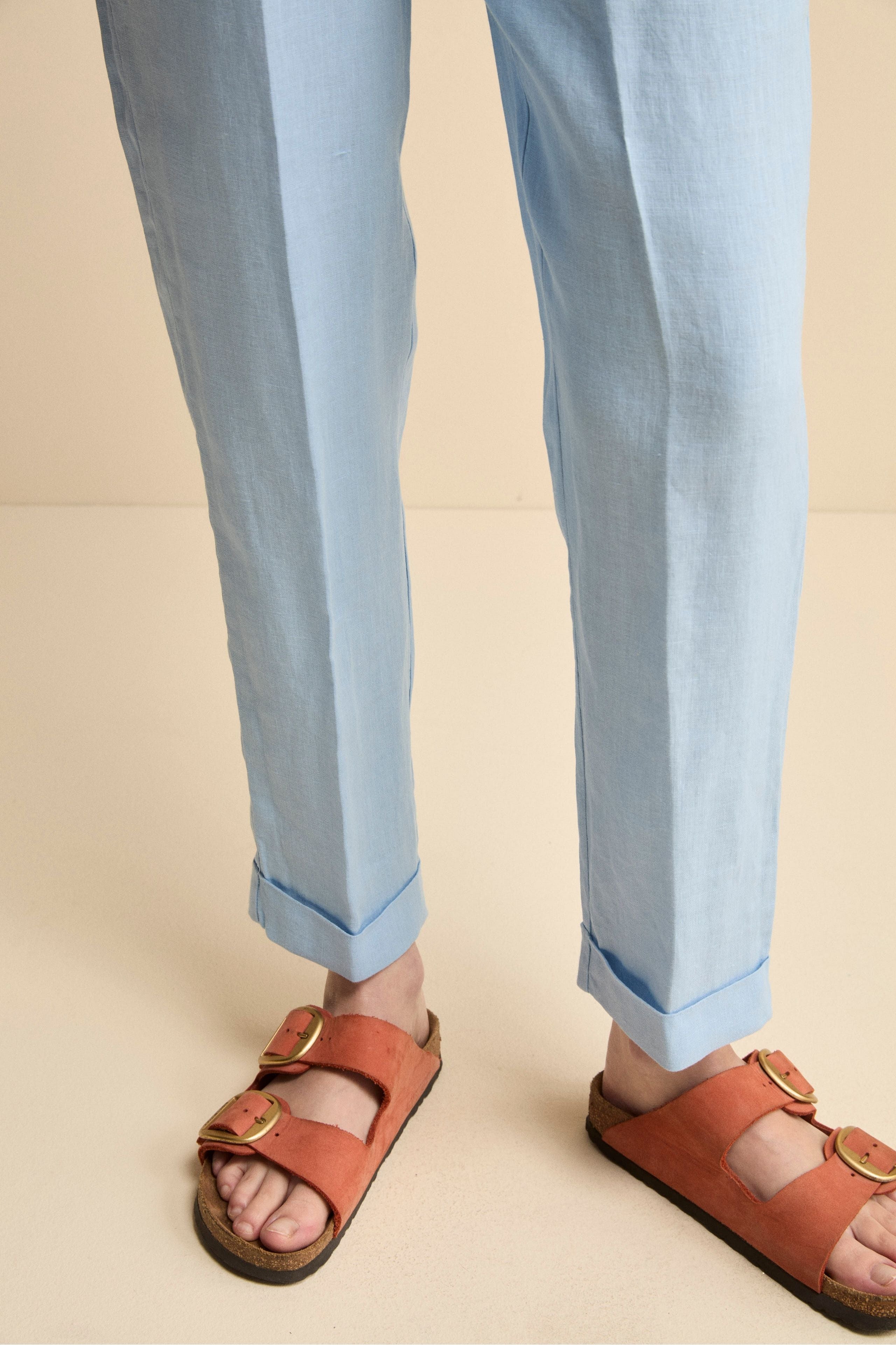 Pantalone Morbido in Lino con Risvolto - AZZURRO