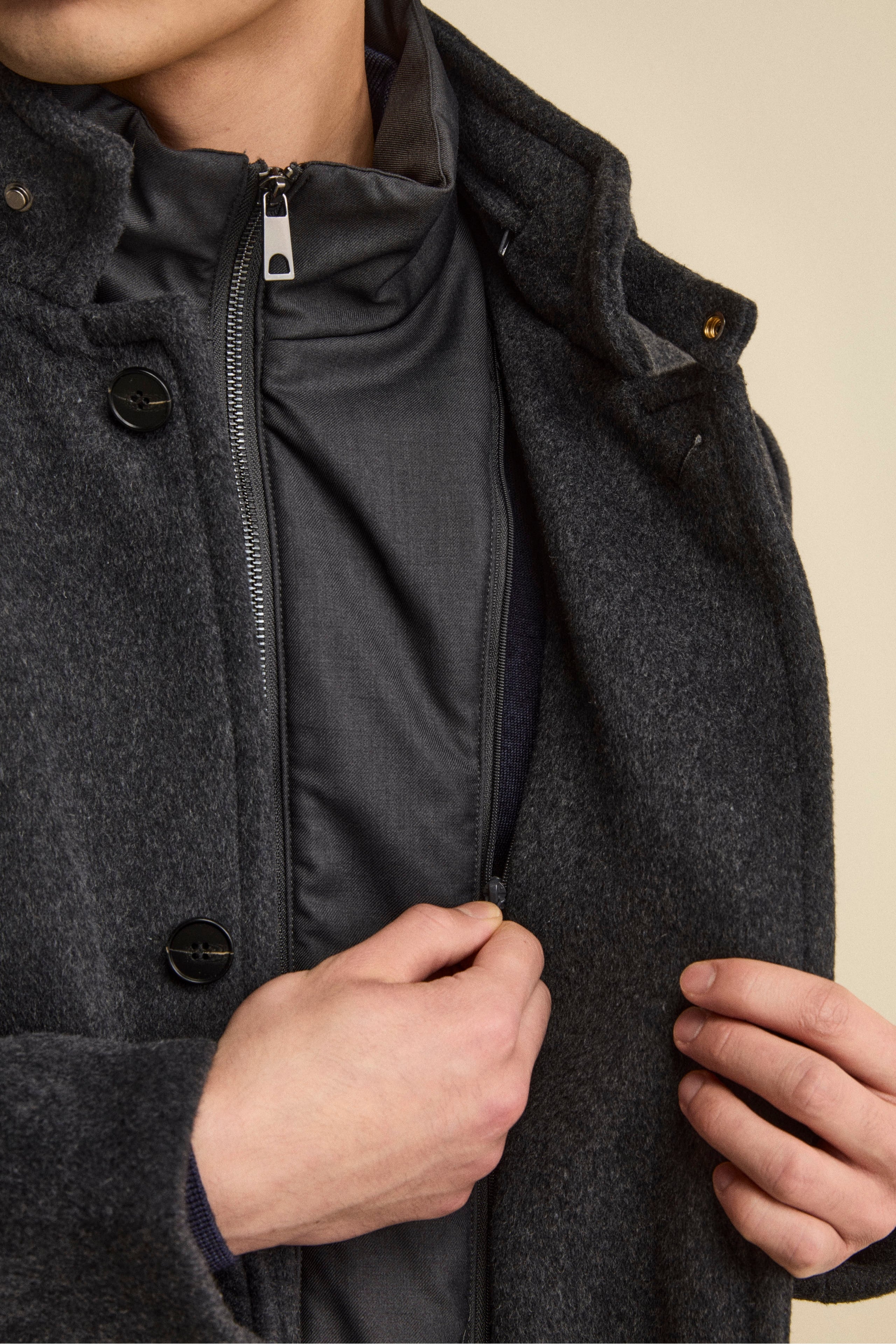 Cappotto Midi in Misto Lana con Pettorina Removibile - ANTRACITE