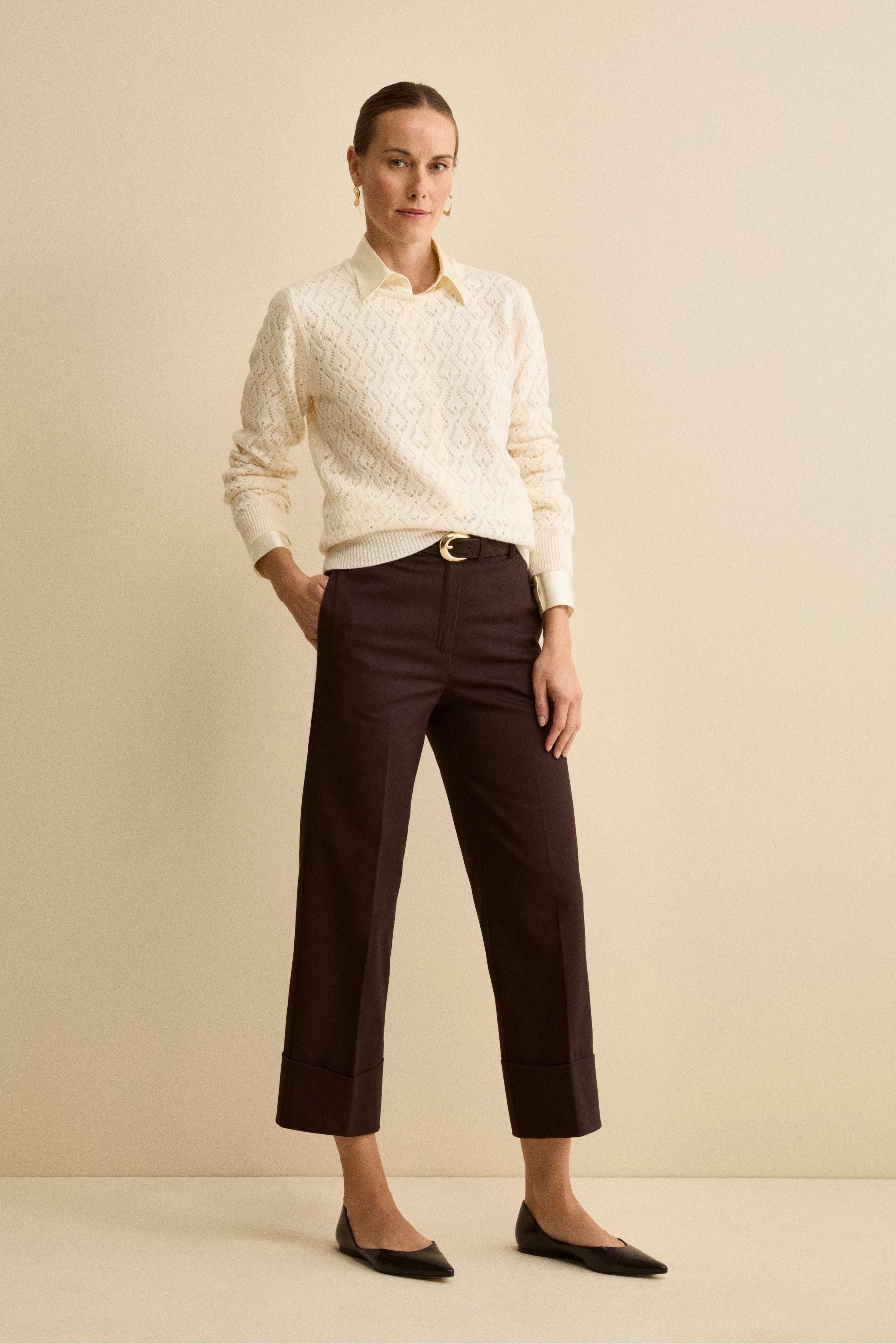 Pantalone Gamba Larga con Pieghe e Risvolto - T.MORO