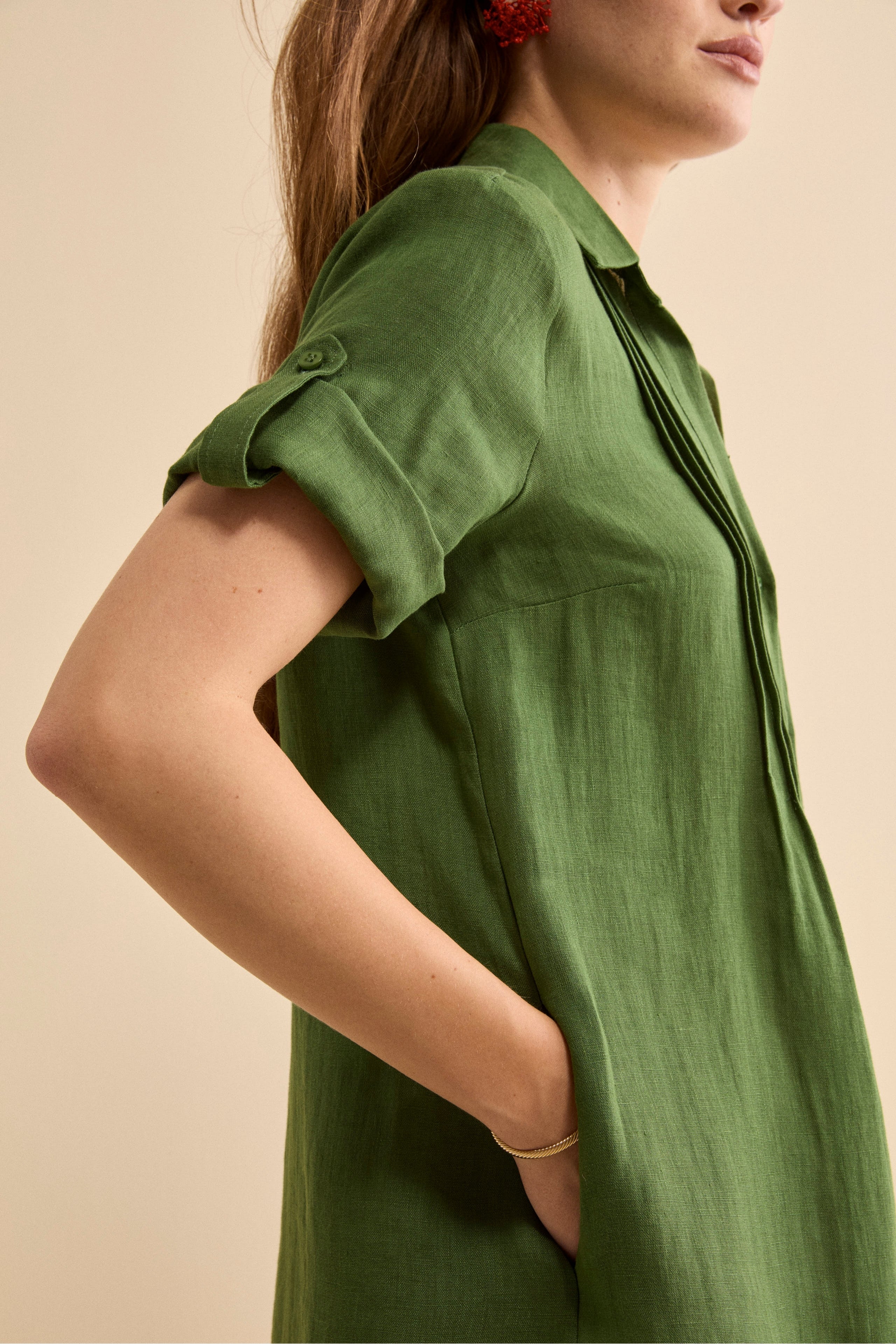 Abito Chemisier in Lino con Manica Corta - VERDE