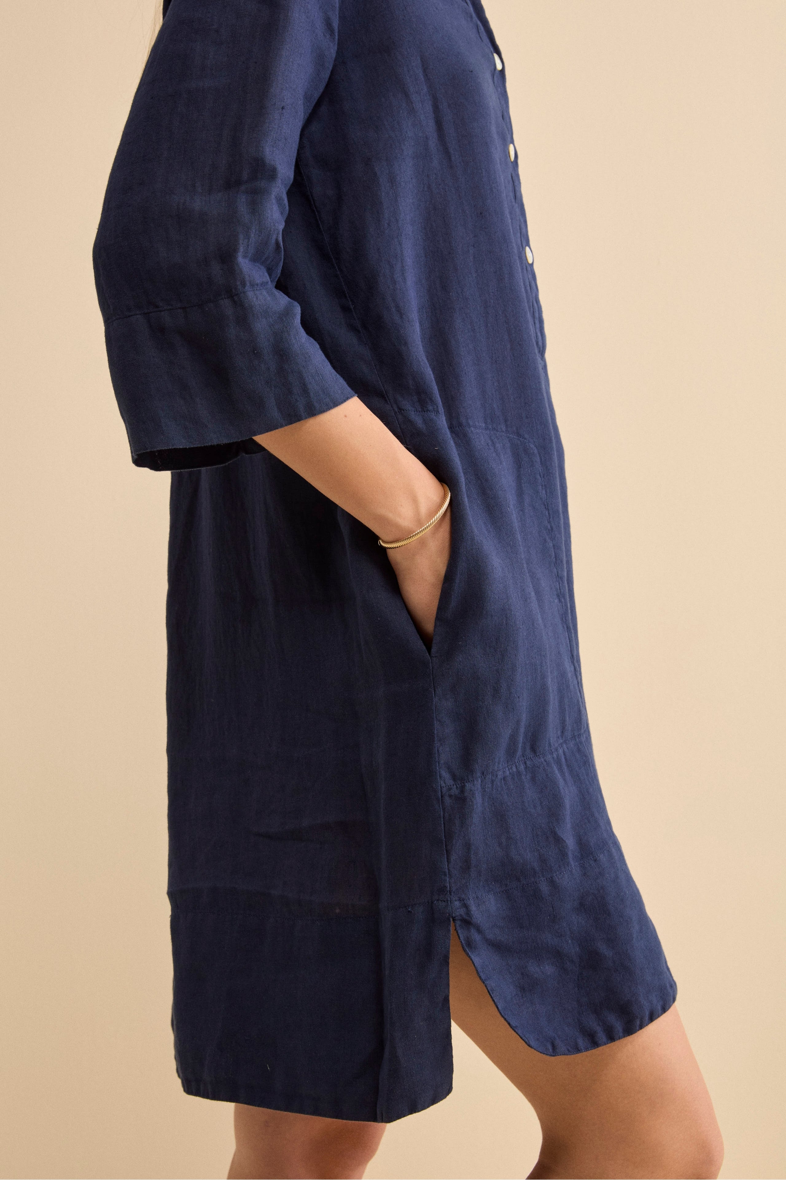 Abito Chemisier Midi in Lino con Collo Coreana - NAVY