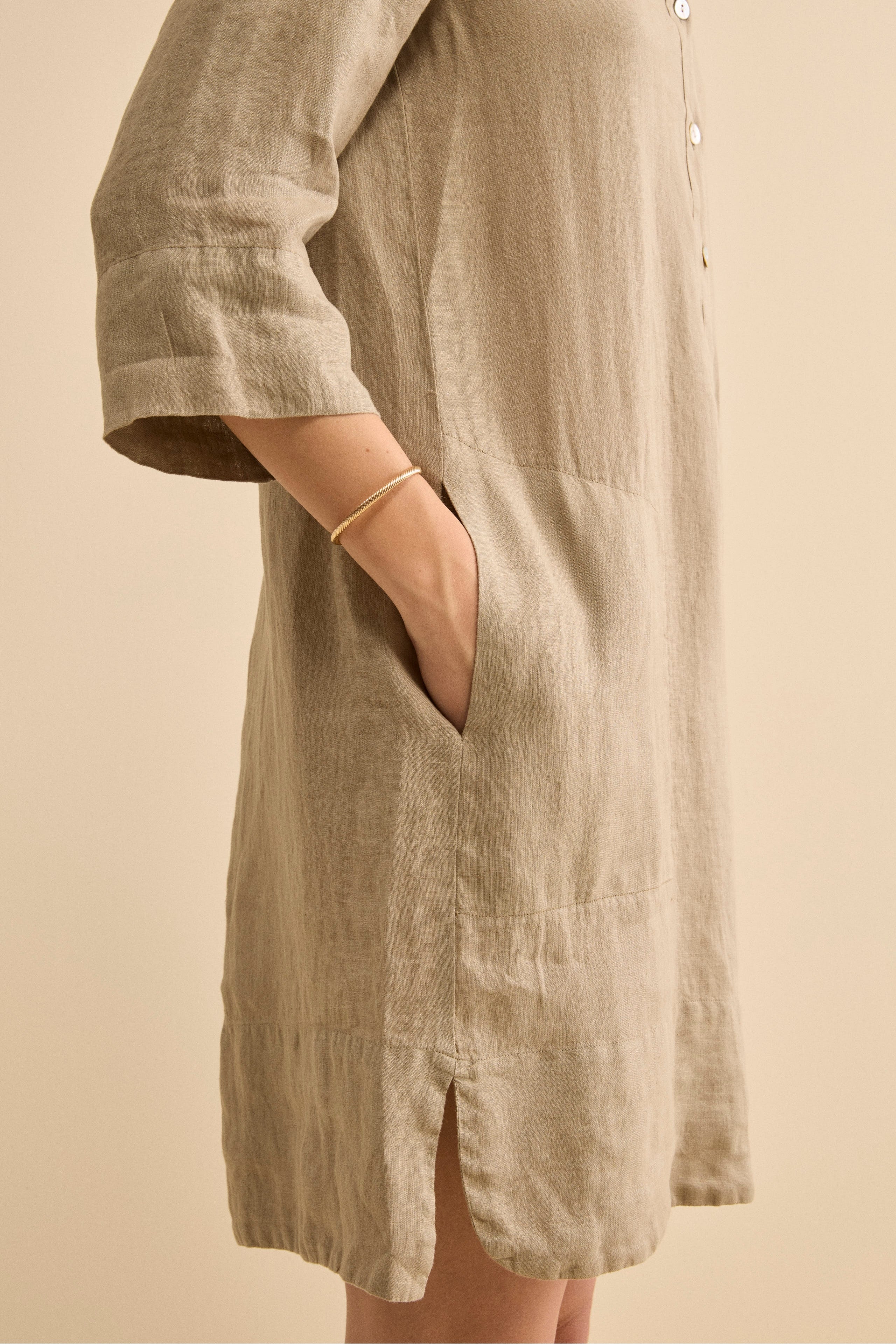 Abito Chemisier Midi in Lino con Collo Coreana - TORTORA