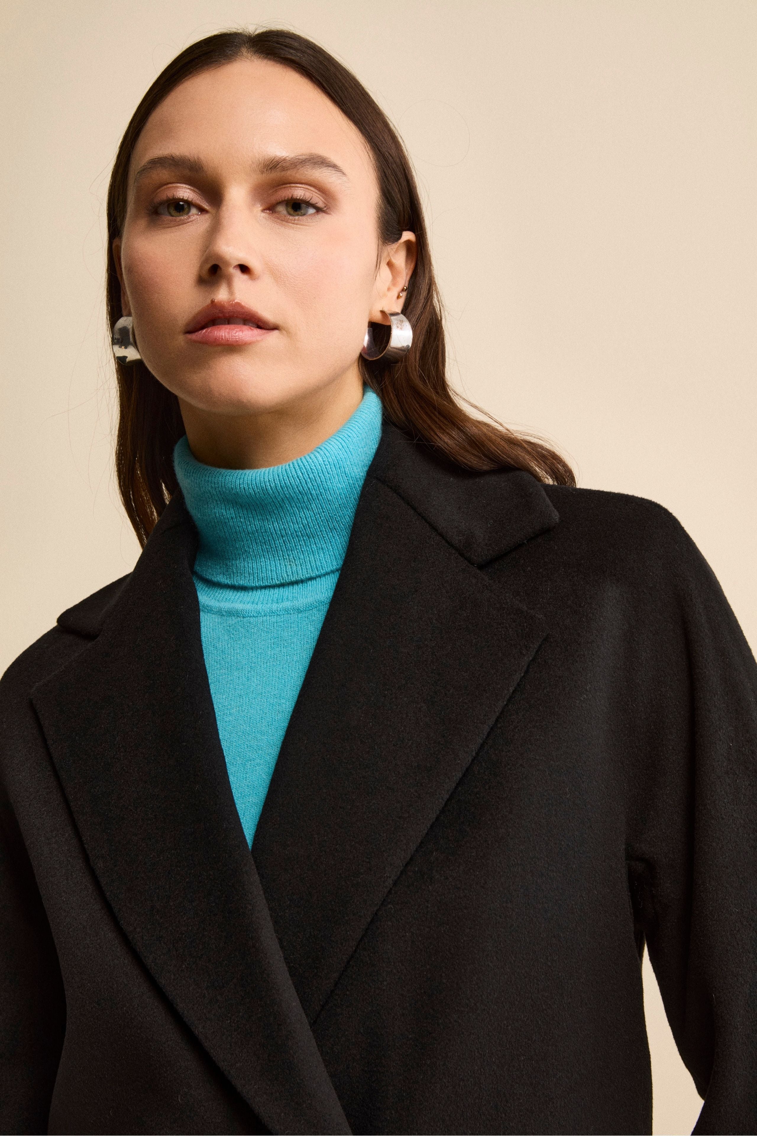 Cappotto Midi Doppiopetto in Misto Lana e Cashmere - NERO